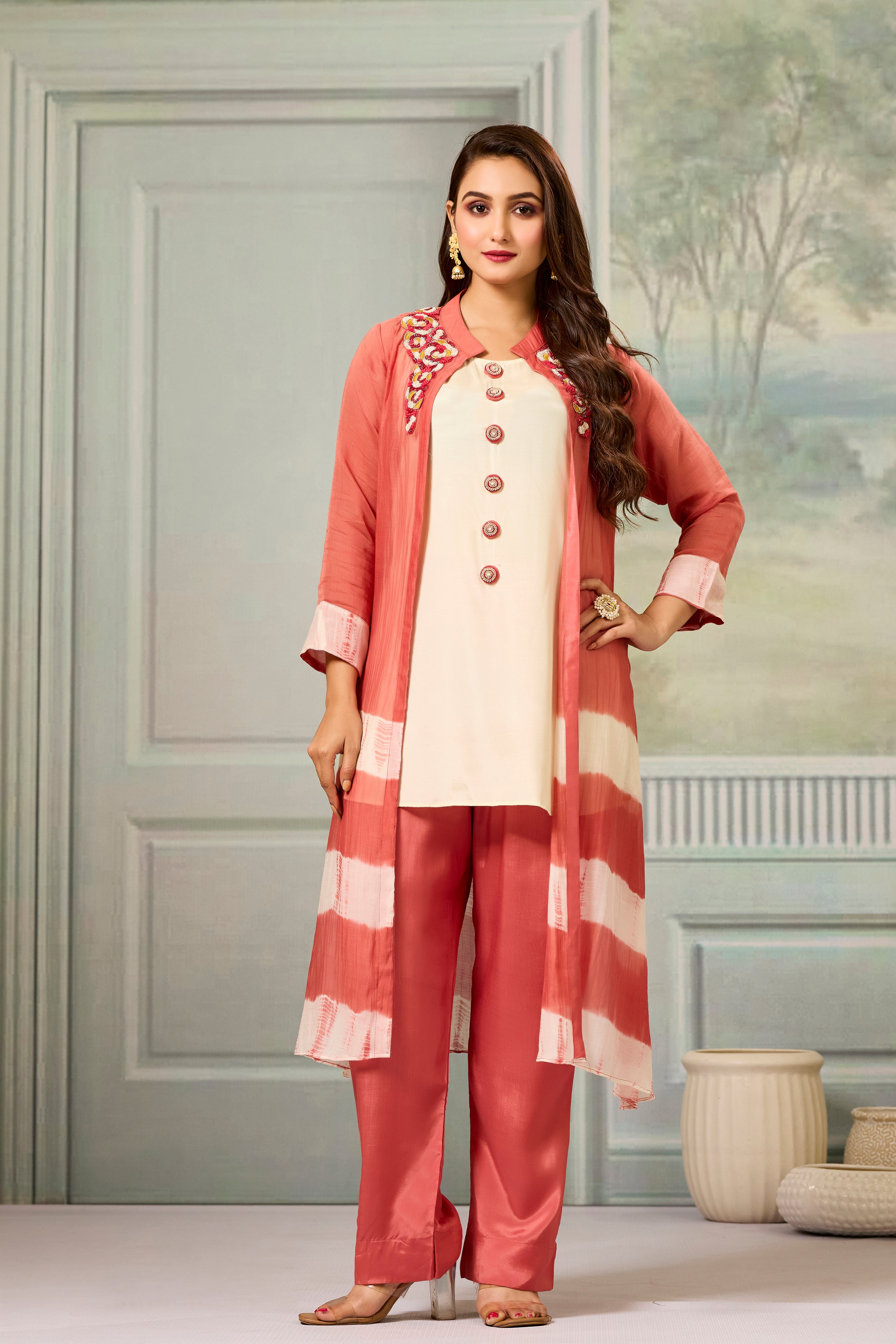 Cream Red Mul-Chanderi Silk Kurta Pants Set