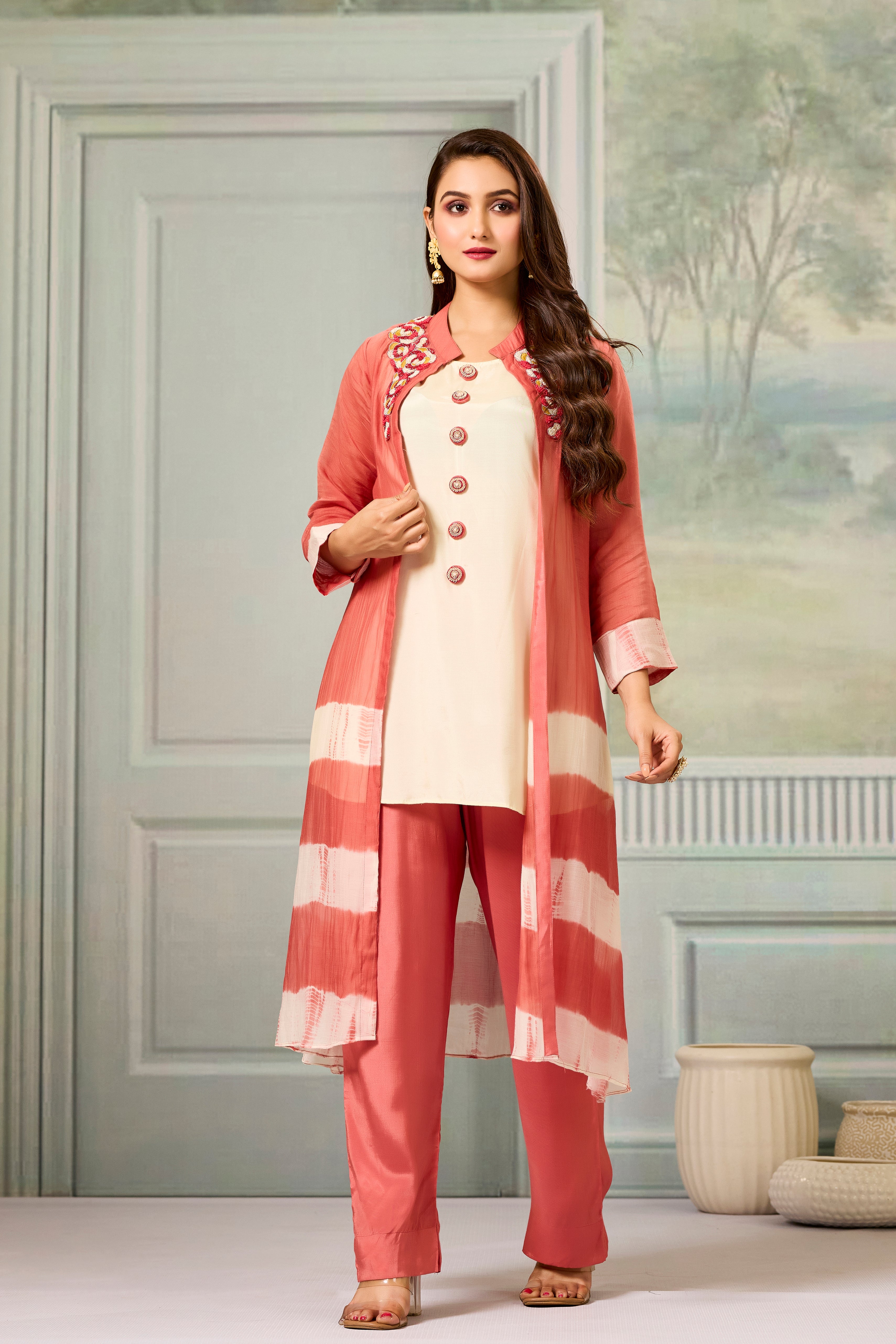 Cream Red Mul-Chanderi Silk Kurta Pants Set
