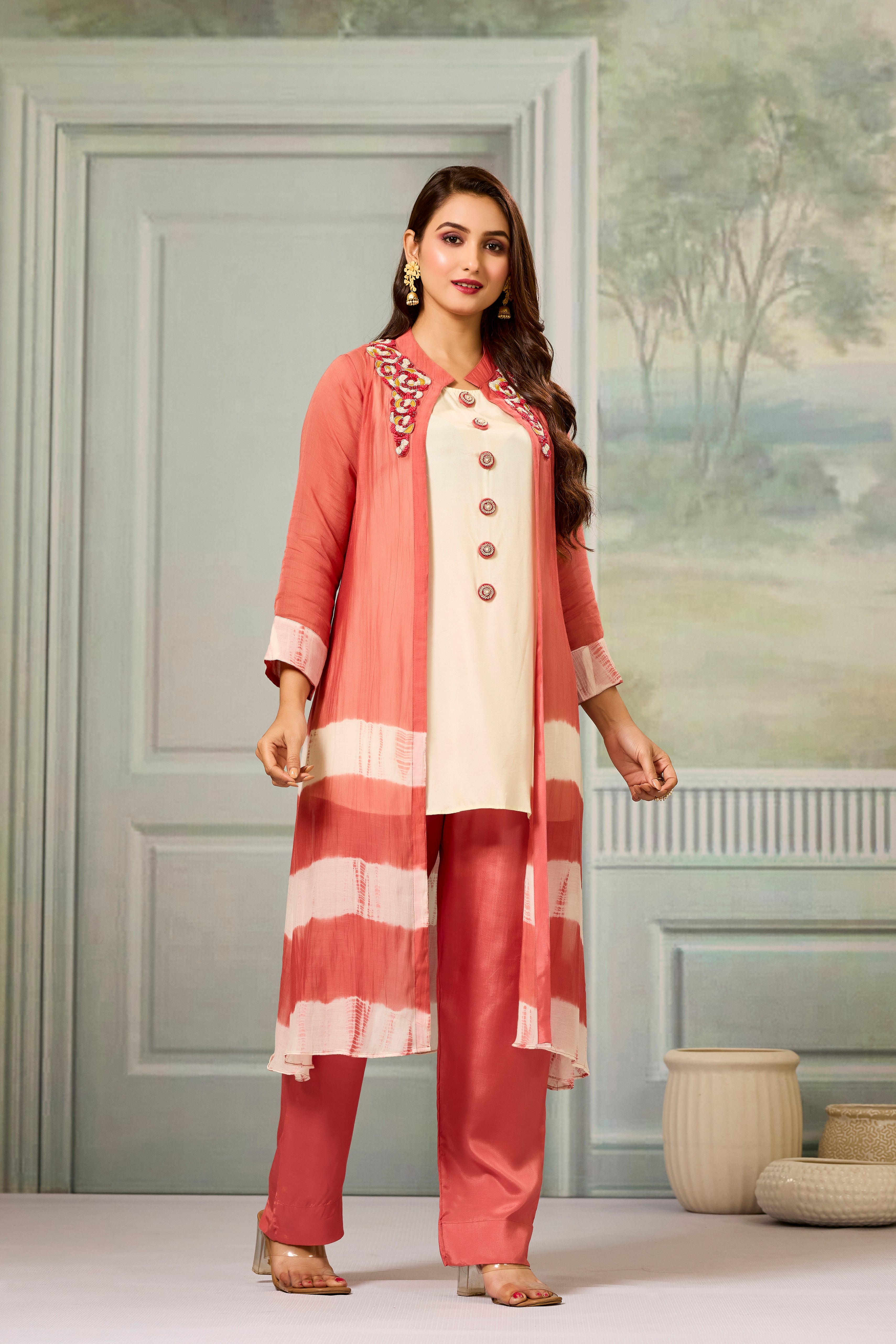 Cream Red Mul-Chanderi Silk Kurta Pants Set