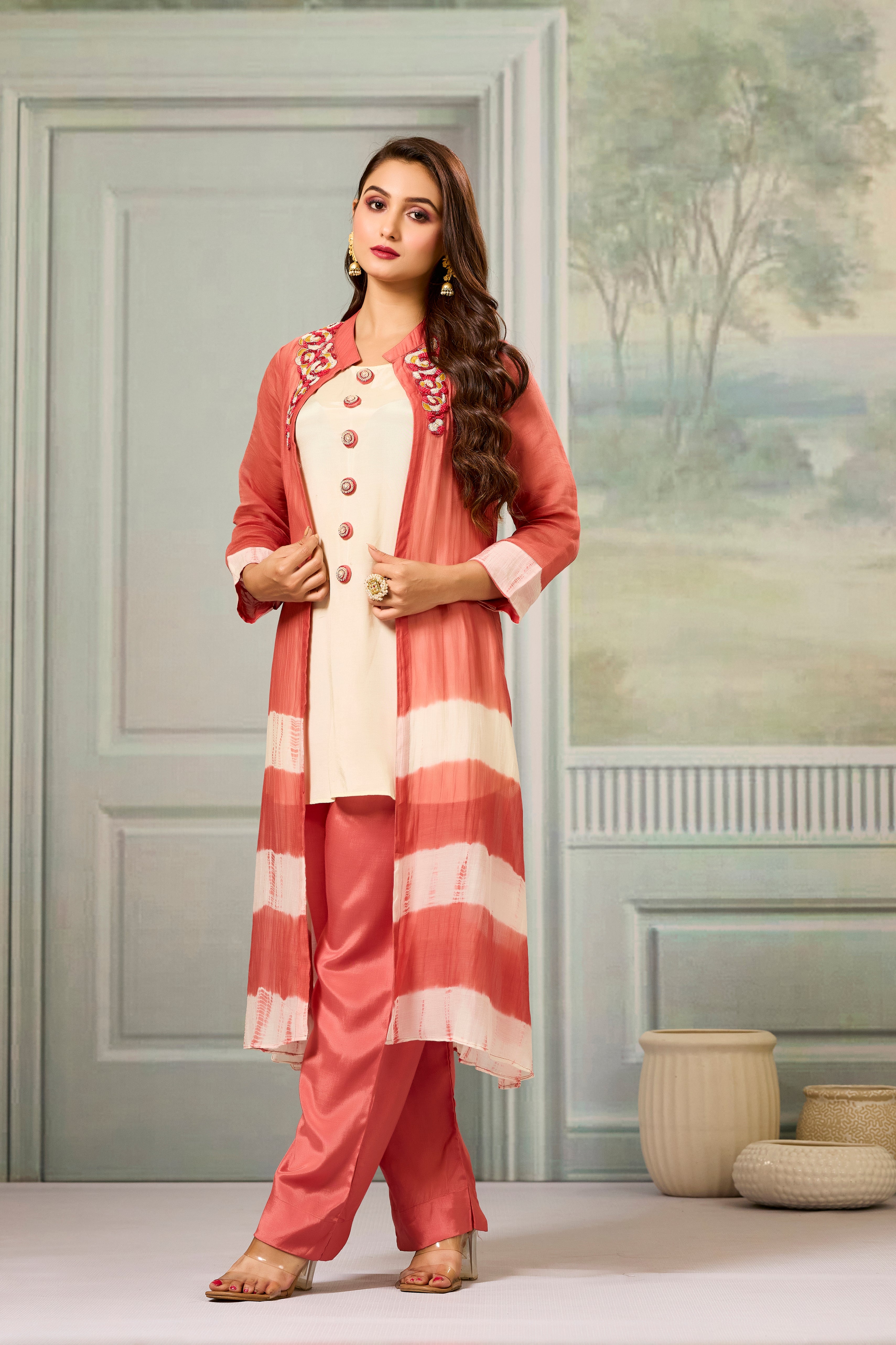 Cream Red Mul-Chanderi Silk Kurta Pants Set