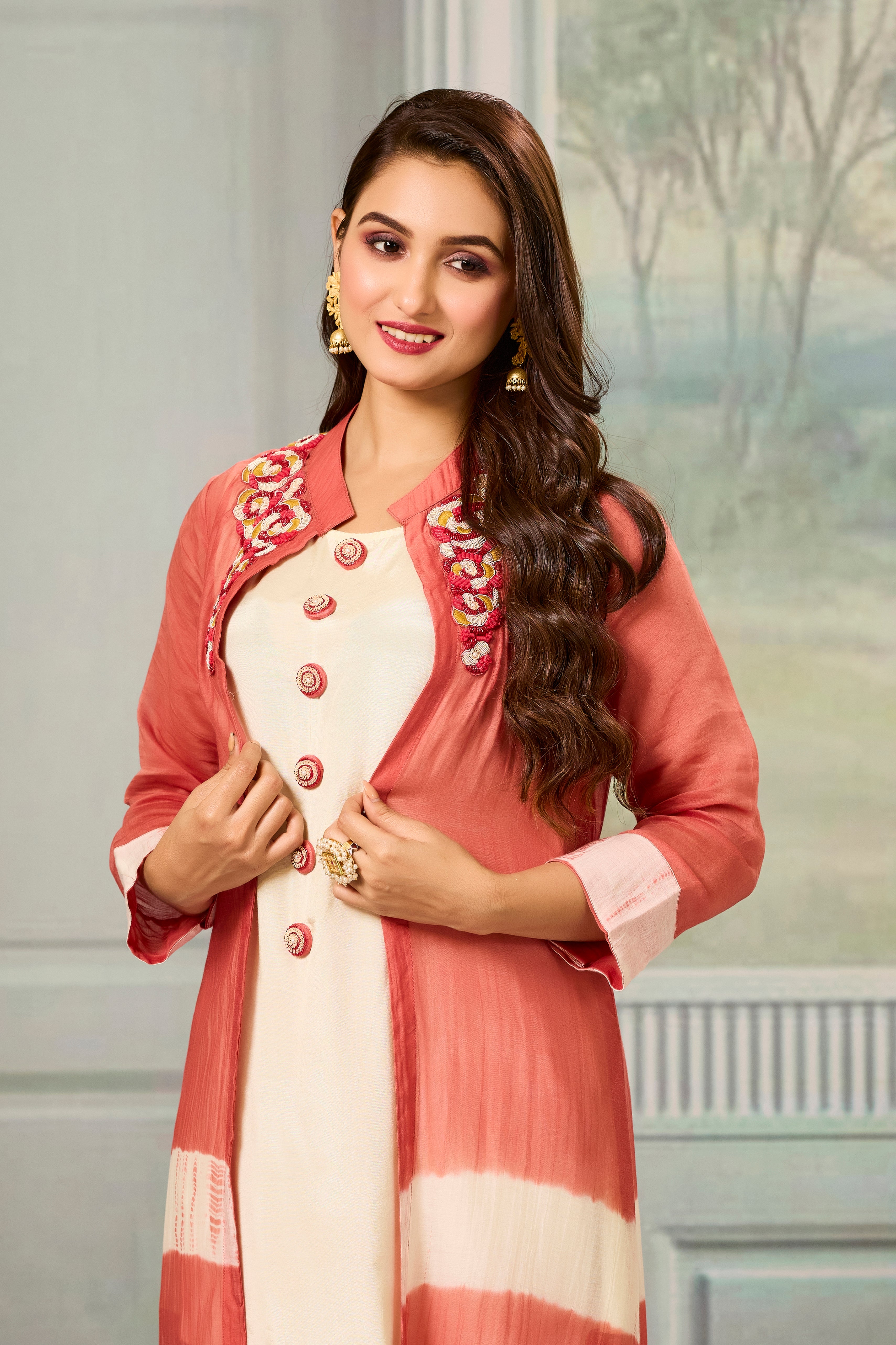 Cream Red Mul-Chanderi Silk Kurta Pants Set