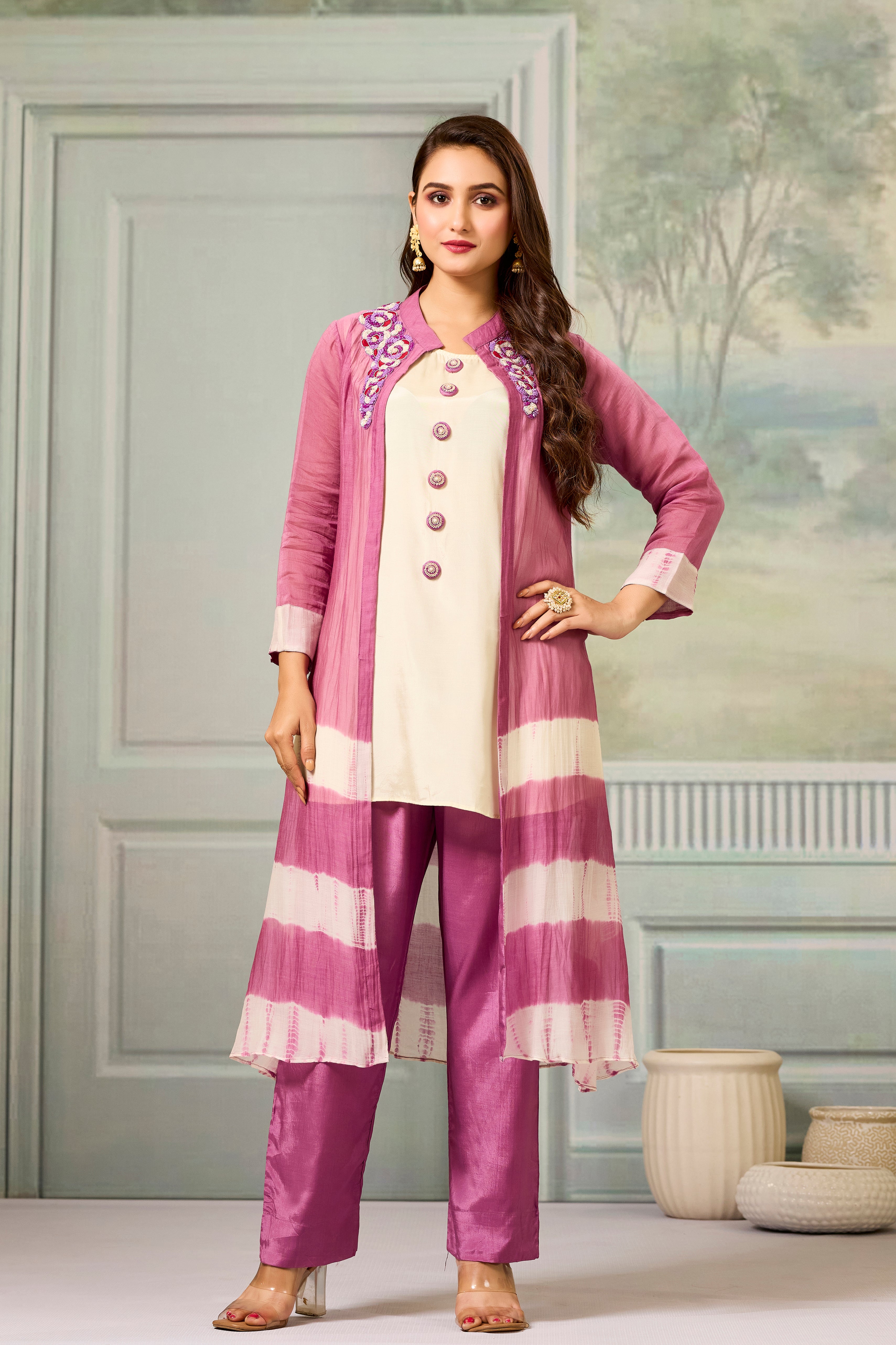 Cream Pink Mul-Chanderi Silk Kurta Pants Set