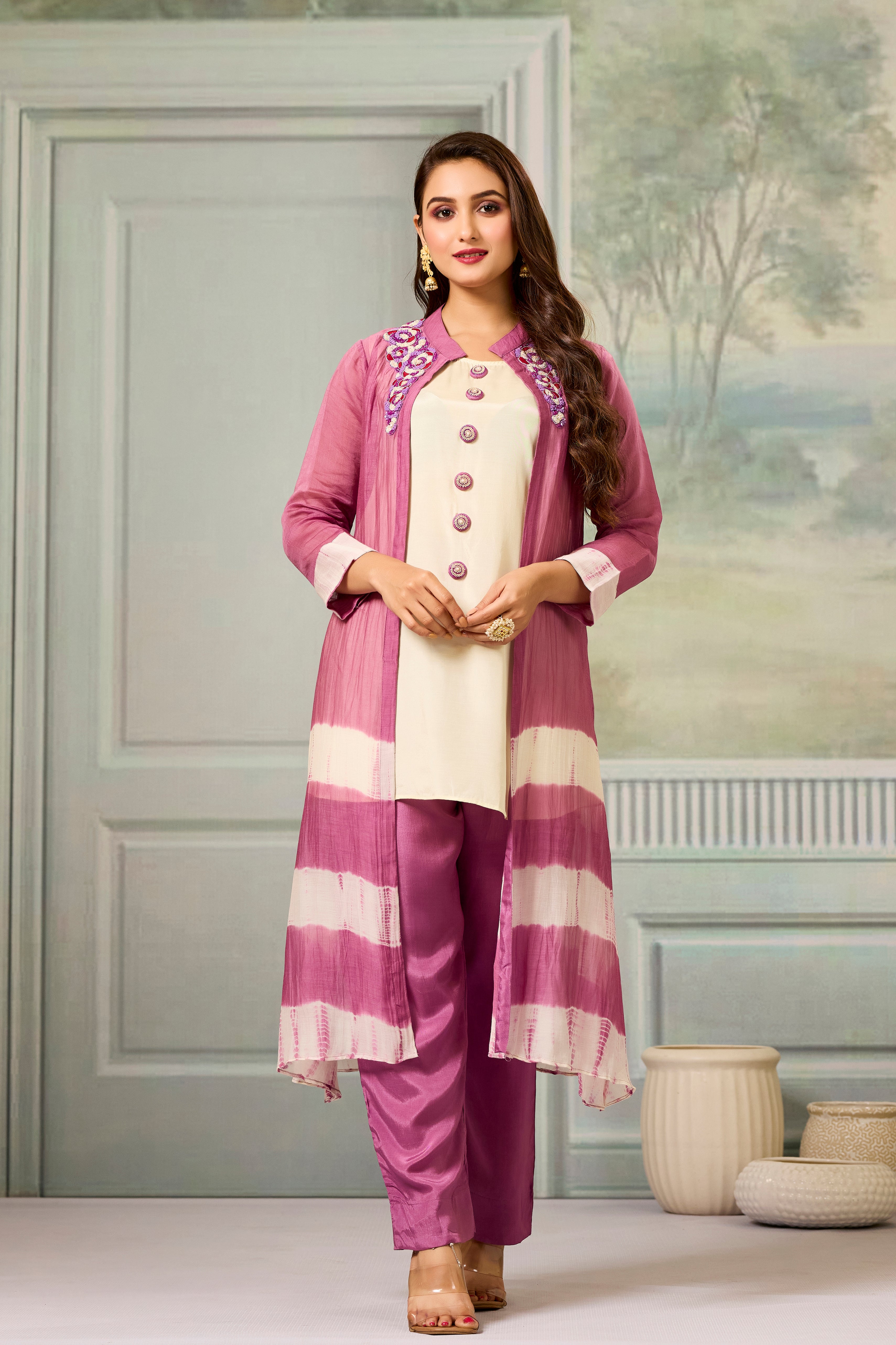 Cream Pink Mul-Chanderi Silk Kurta Pants Set