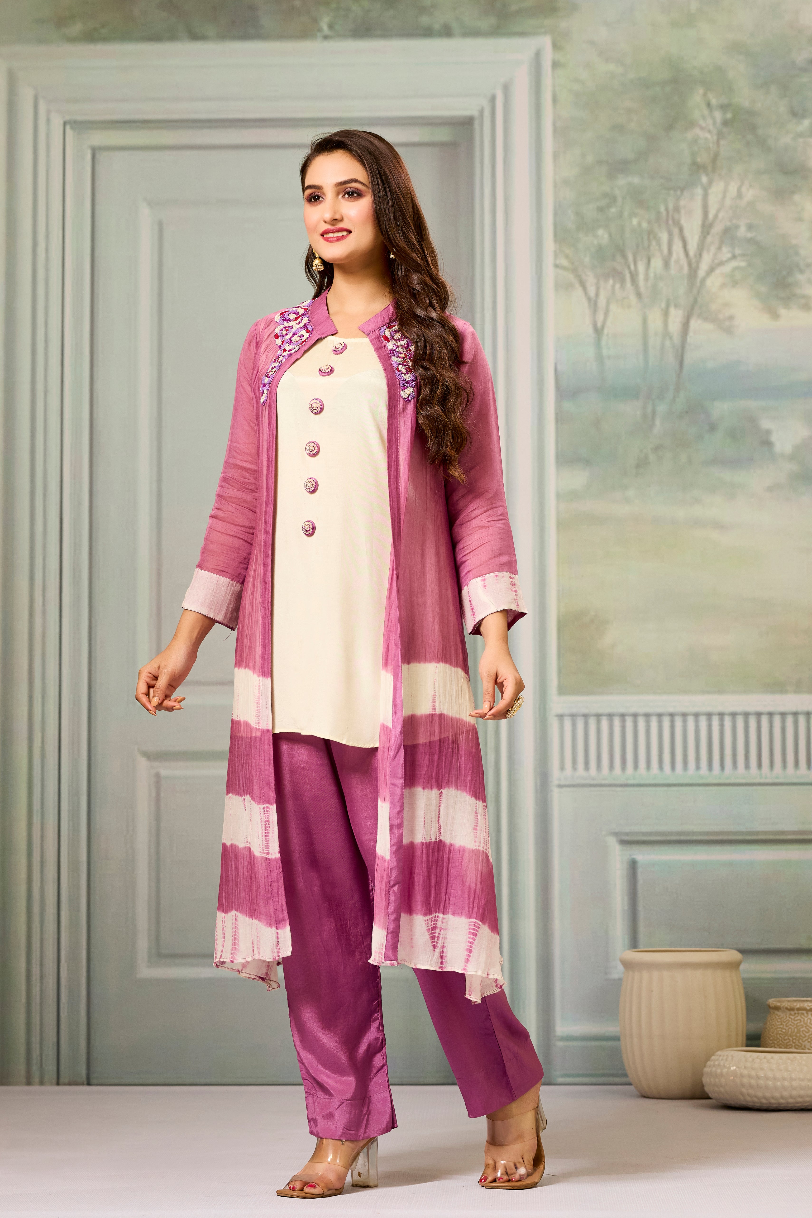 Cream Pink Mul-Chanderi Silk Kurta Pants Set