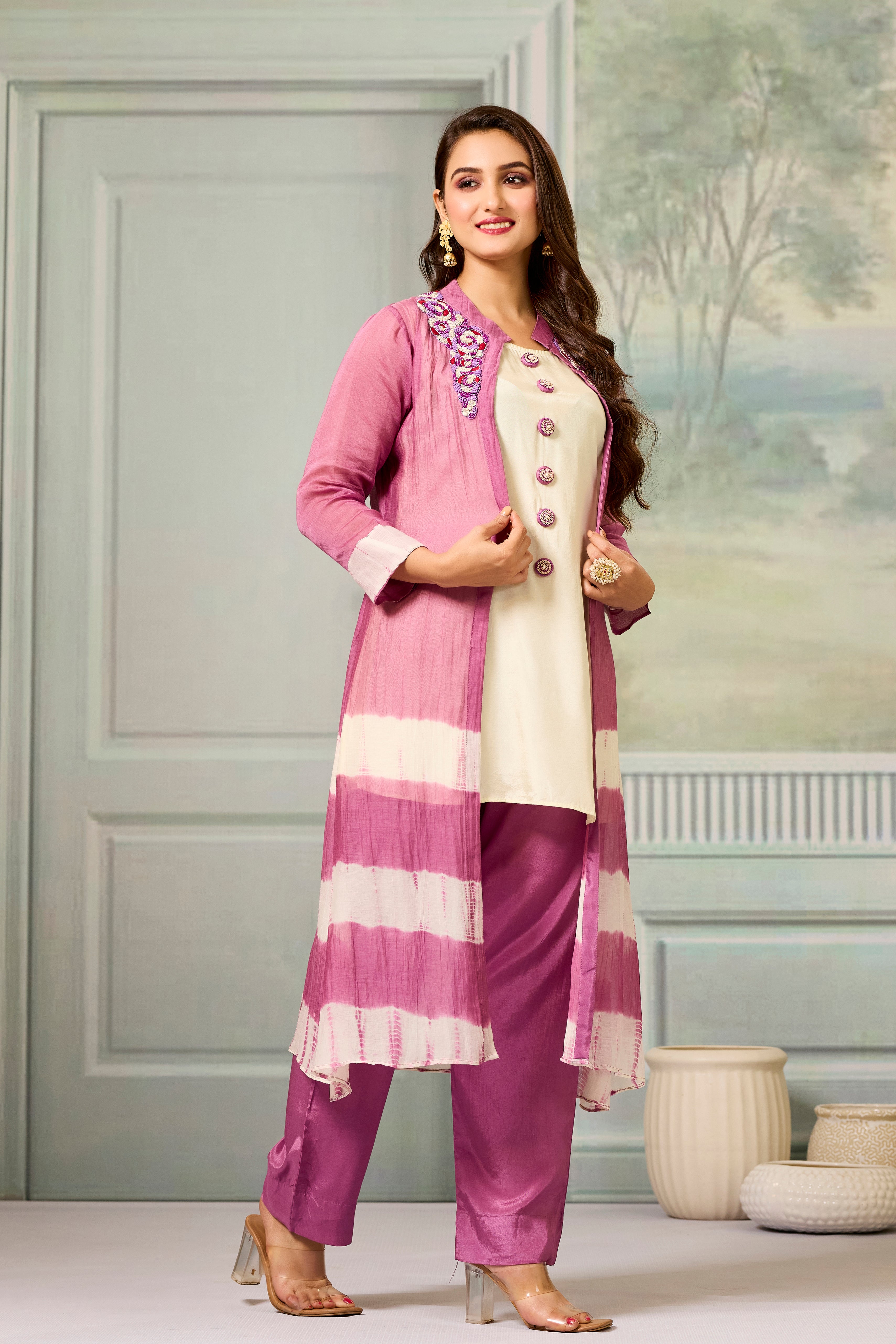 Cream Pink Mul-Chanderi Silk Kurta Pants Set