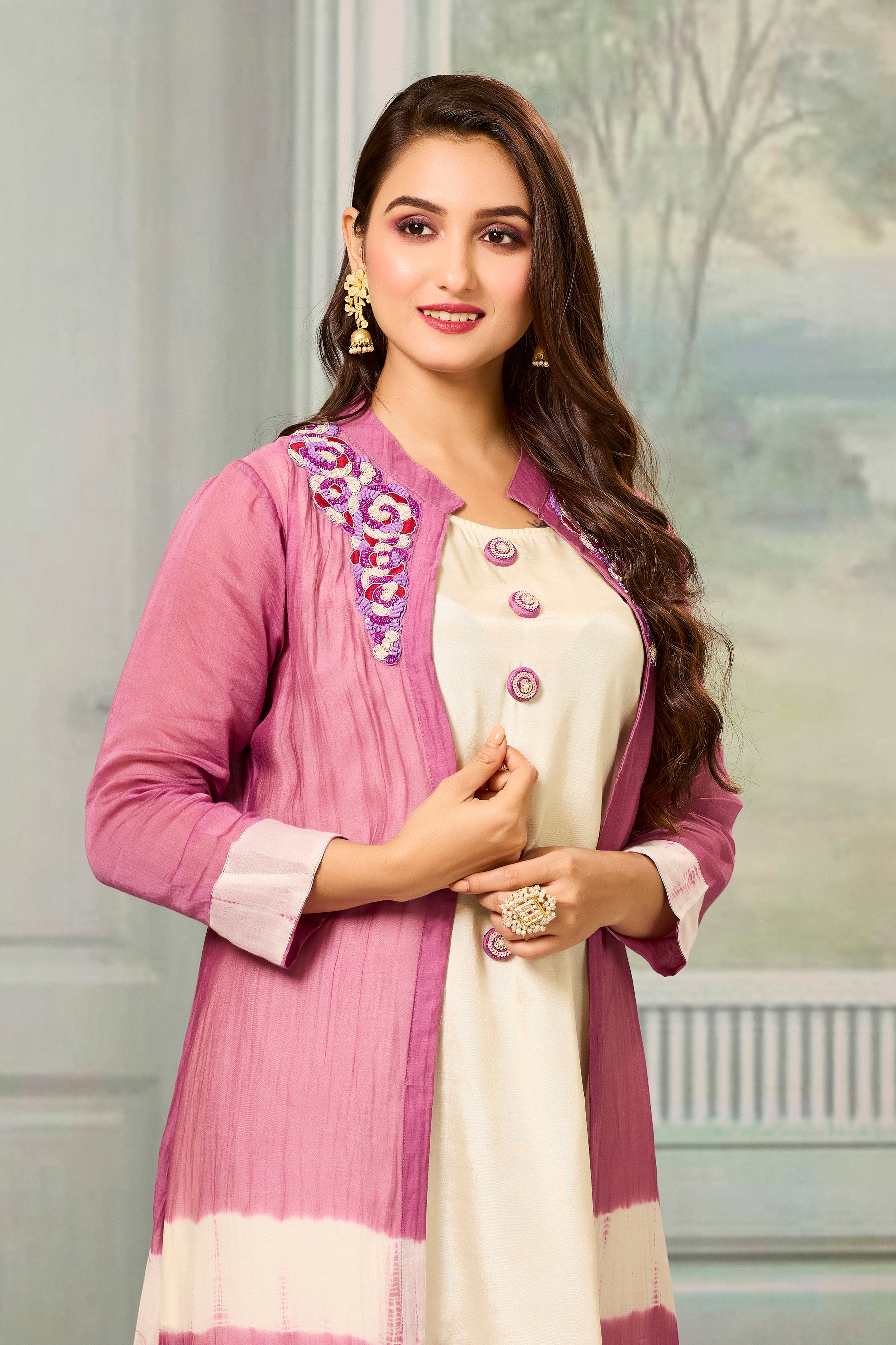 Cream Pink Mul-Chanderi Silk Kurta Pants Set