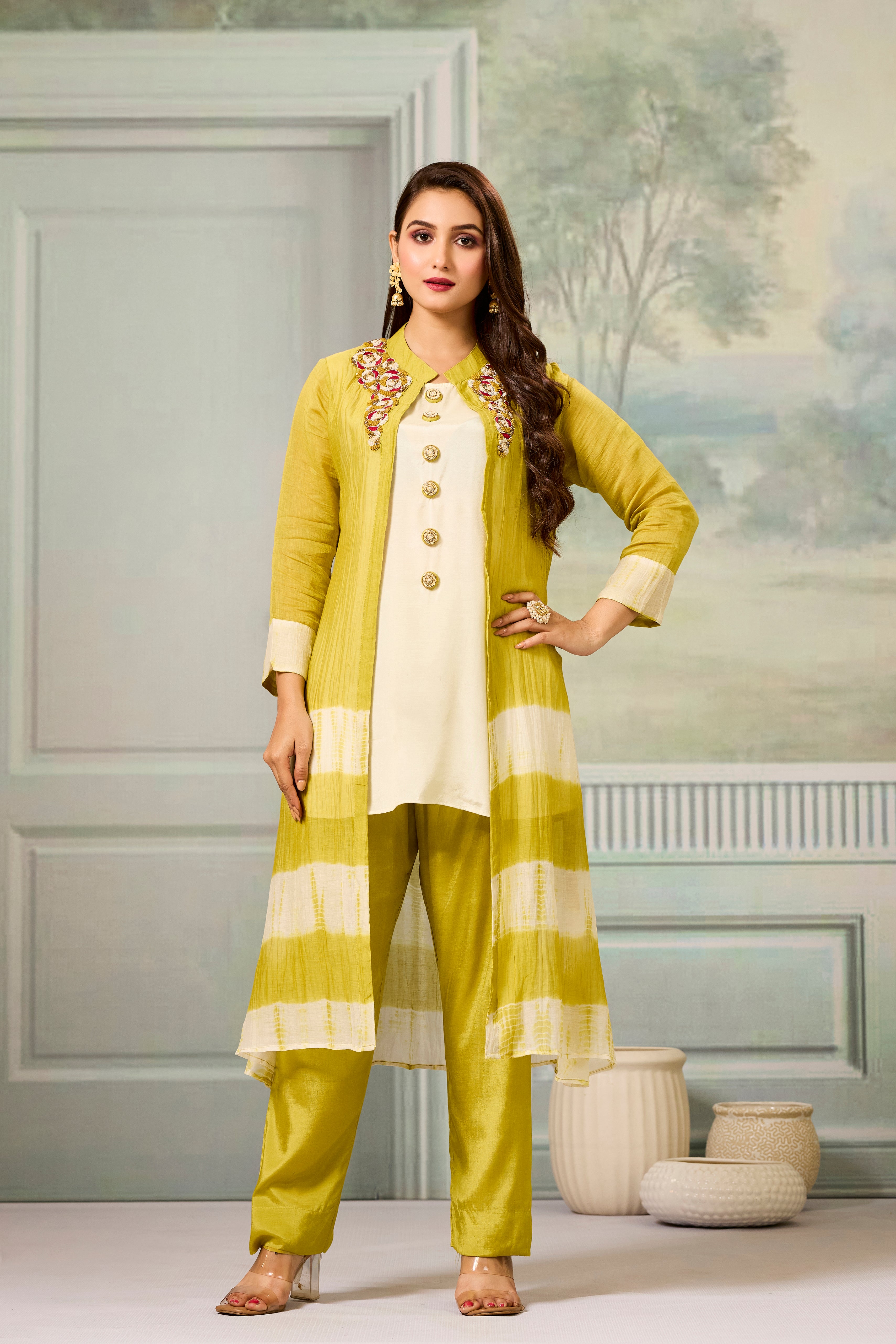 Cream Mustard Mul-Chanderi Silk Kurta Pants Set