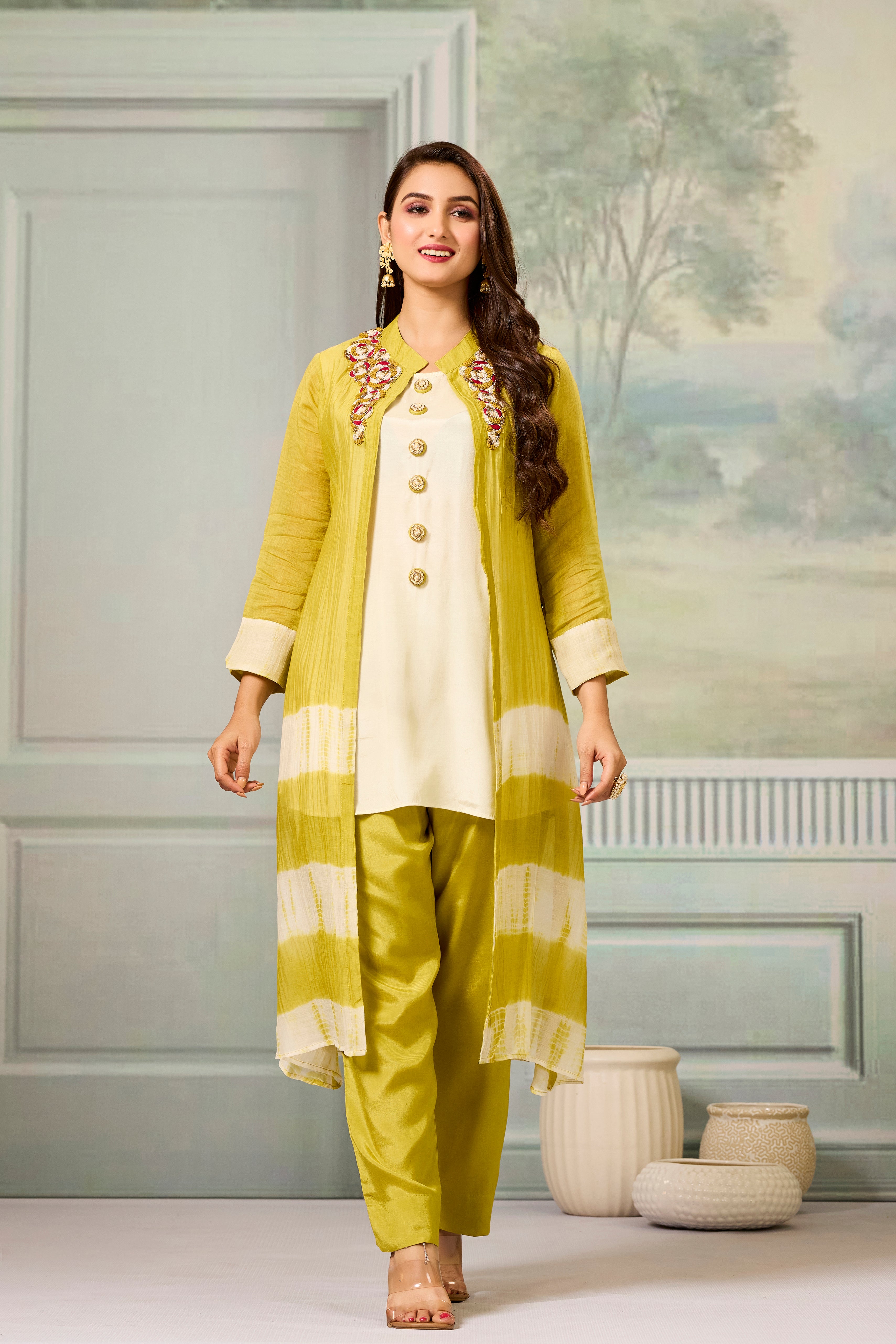 Cream Mustard Mul-Chanderi Silk Kurta Pants Set