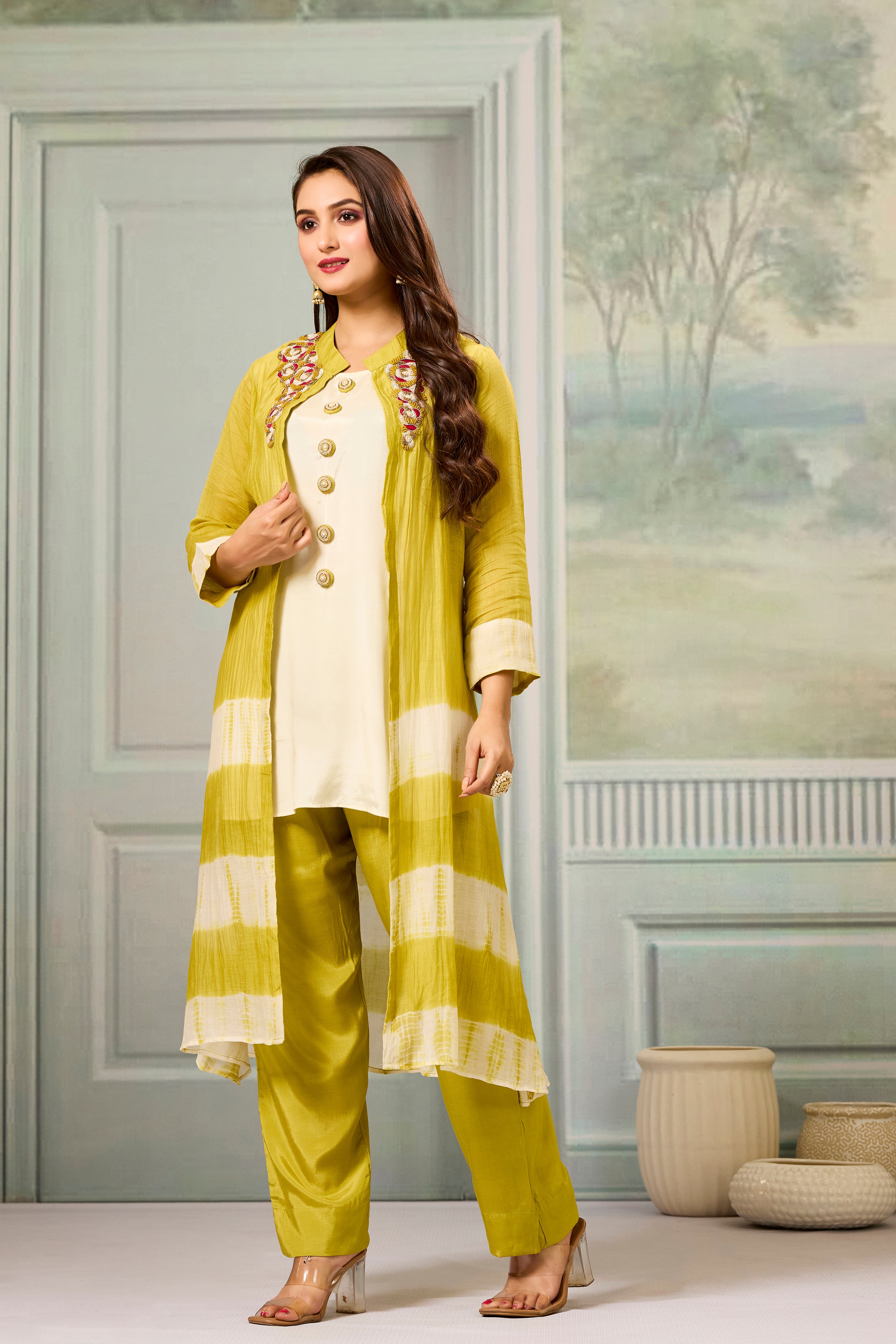 Cream Mustard Mul-Chanderi Silk Kurta Pants Set