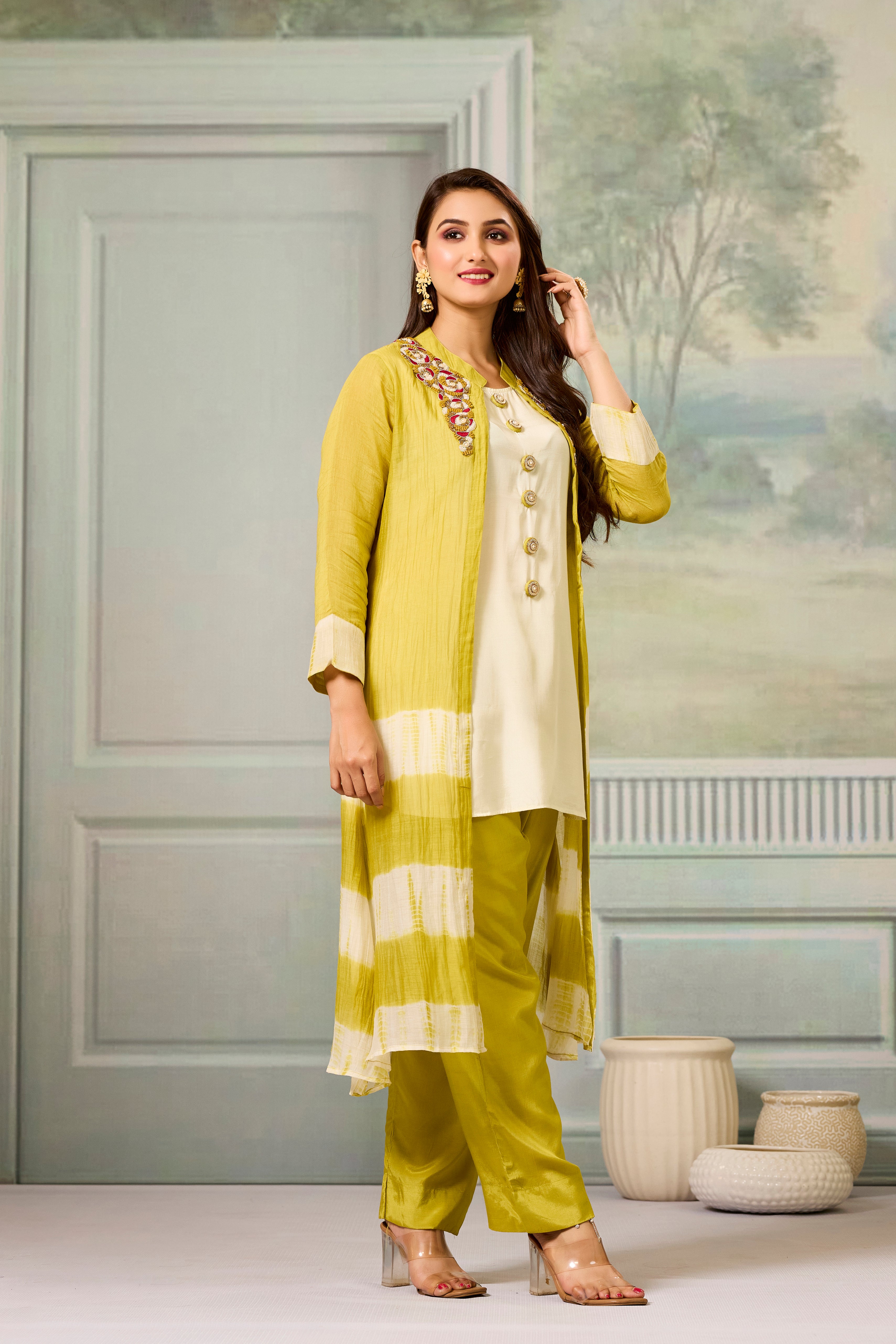 Cream Mustard Mul-Chanderi Silk Kurta Pants Set