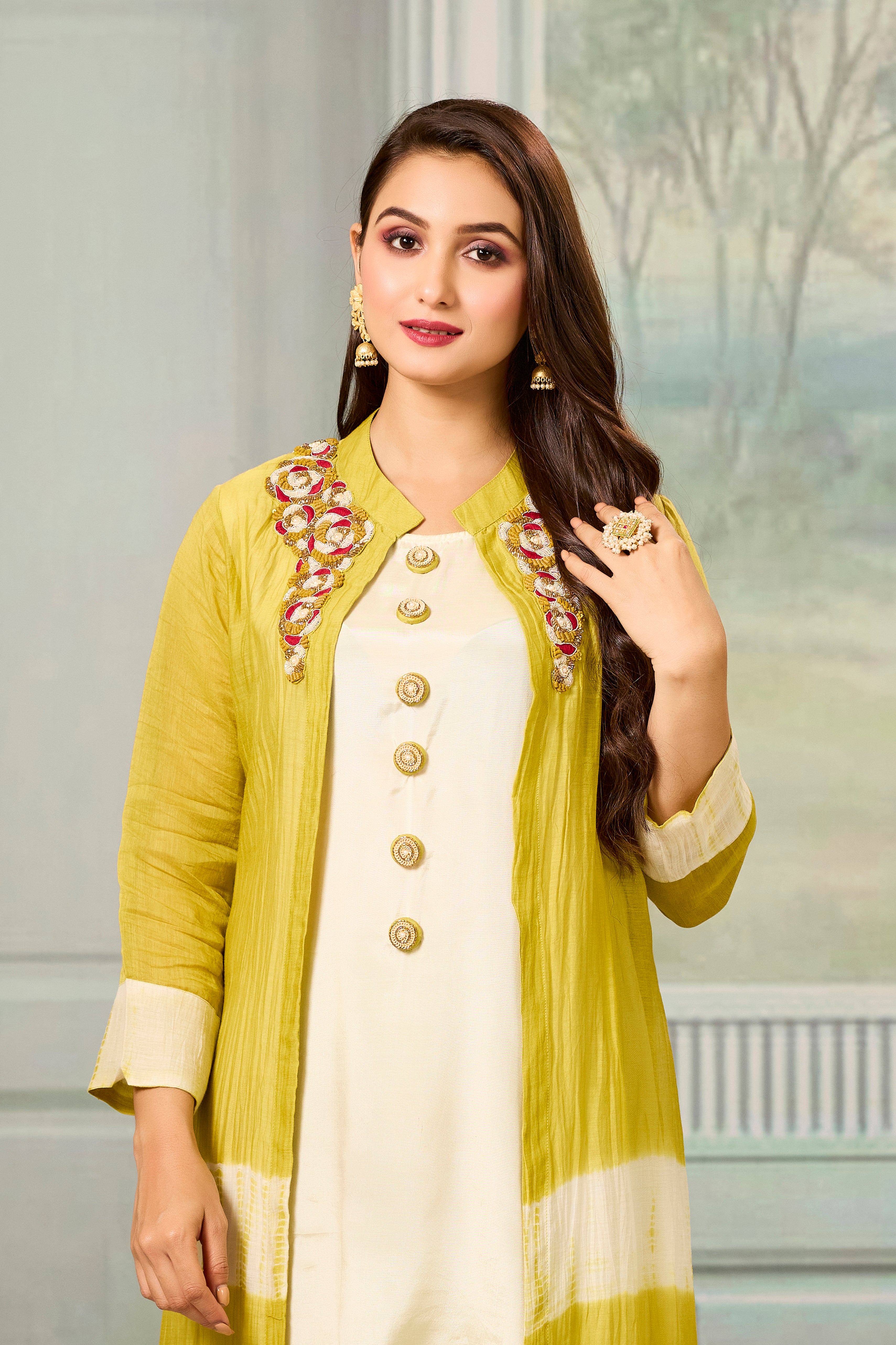 Cream Mustard Mul-Chanderi Silk Kurta Pants Set