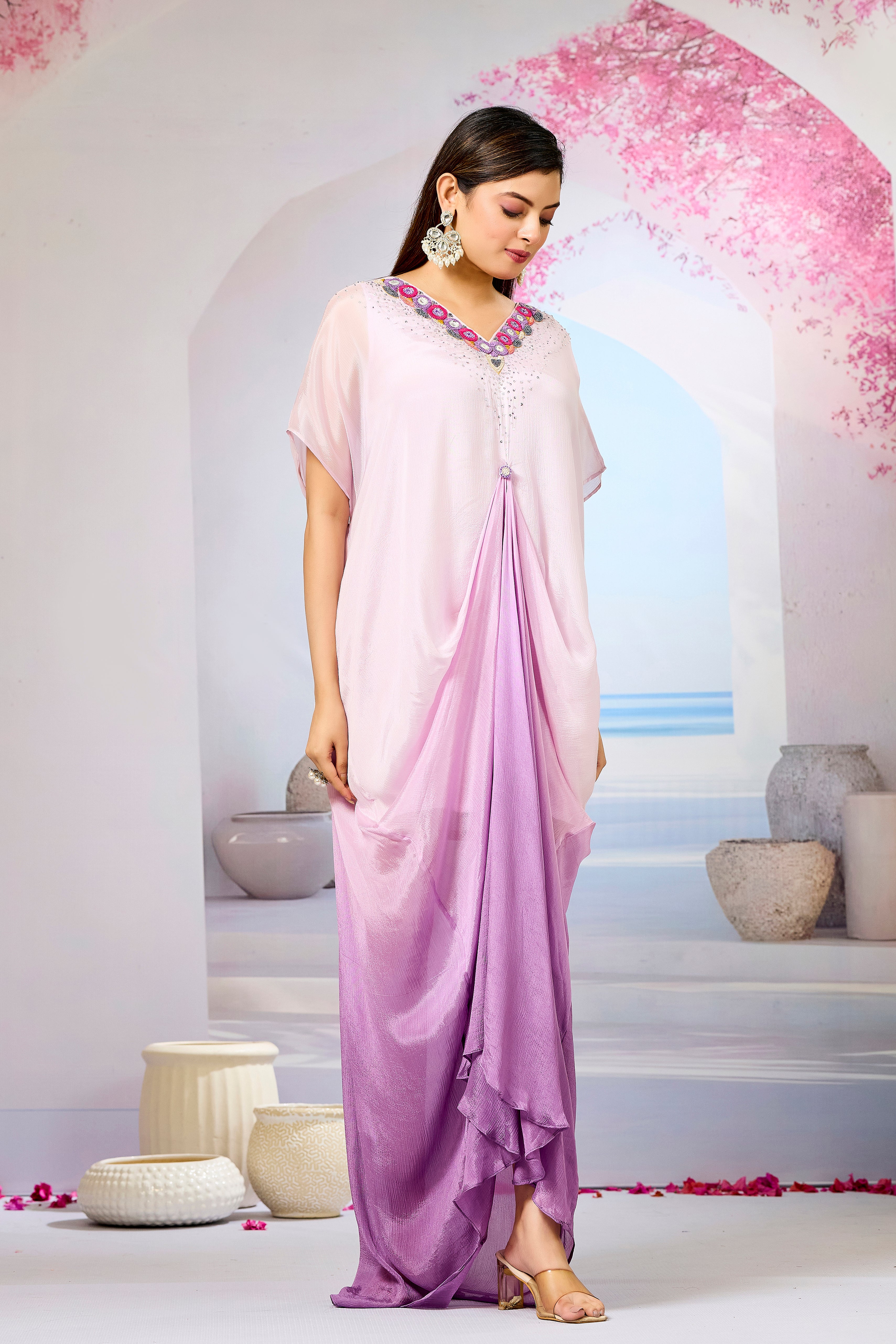 Lavender Ombre-Dyed Chinon Silk Kaftan Gown