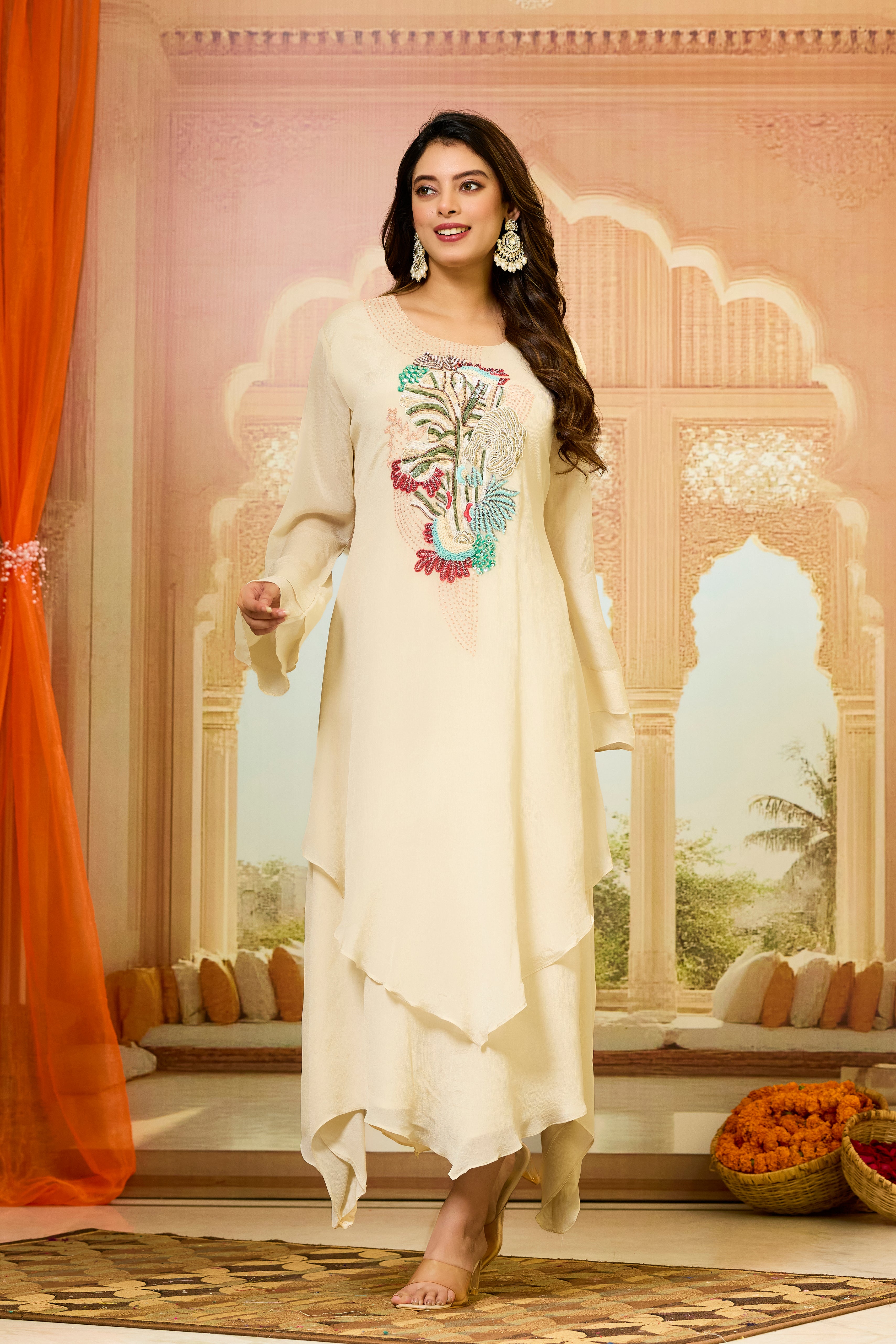 Cream Asymmetrical Chinon Silk Dress