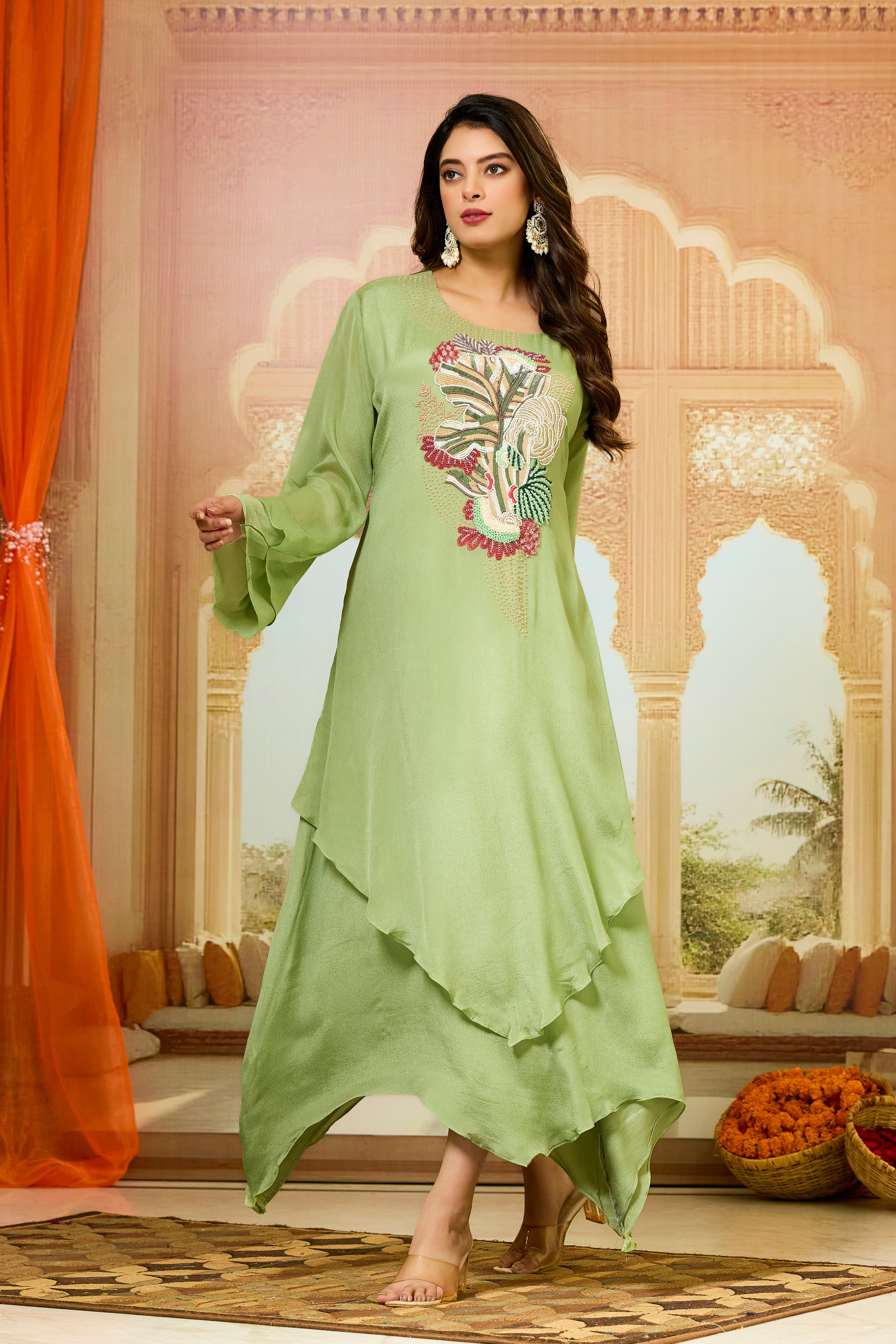 Green Asymmetrical Chinon Silk Dress