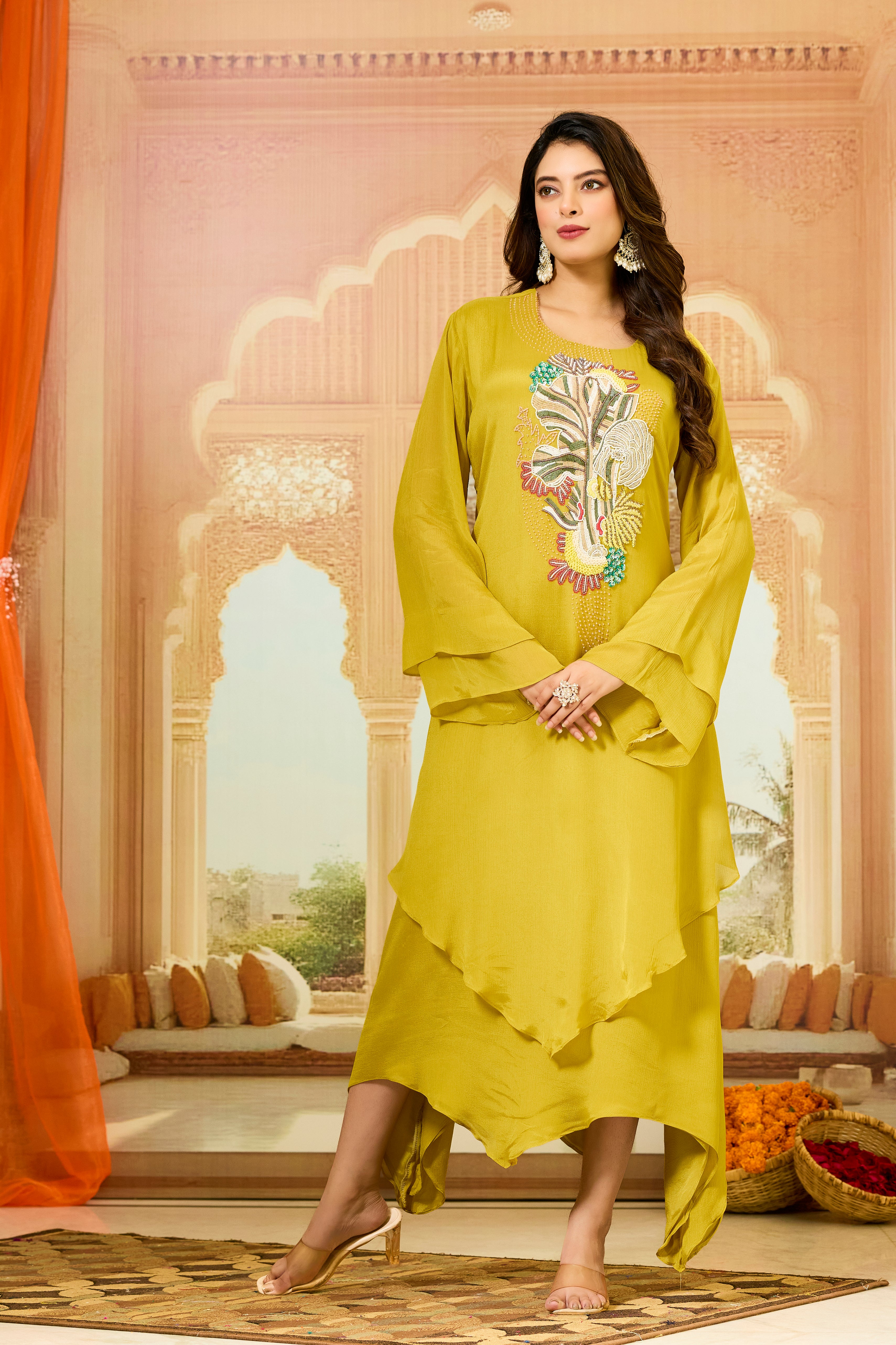 Mustard Asymmetrical Chinon Silk Dress