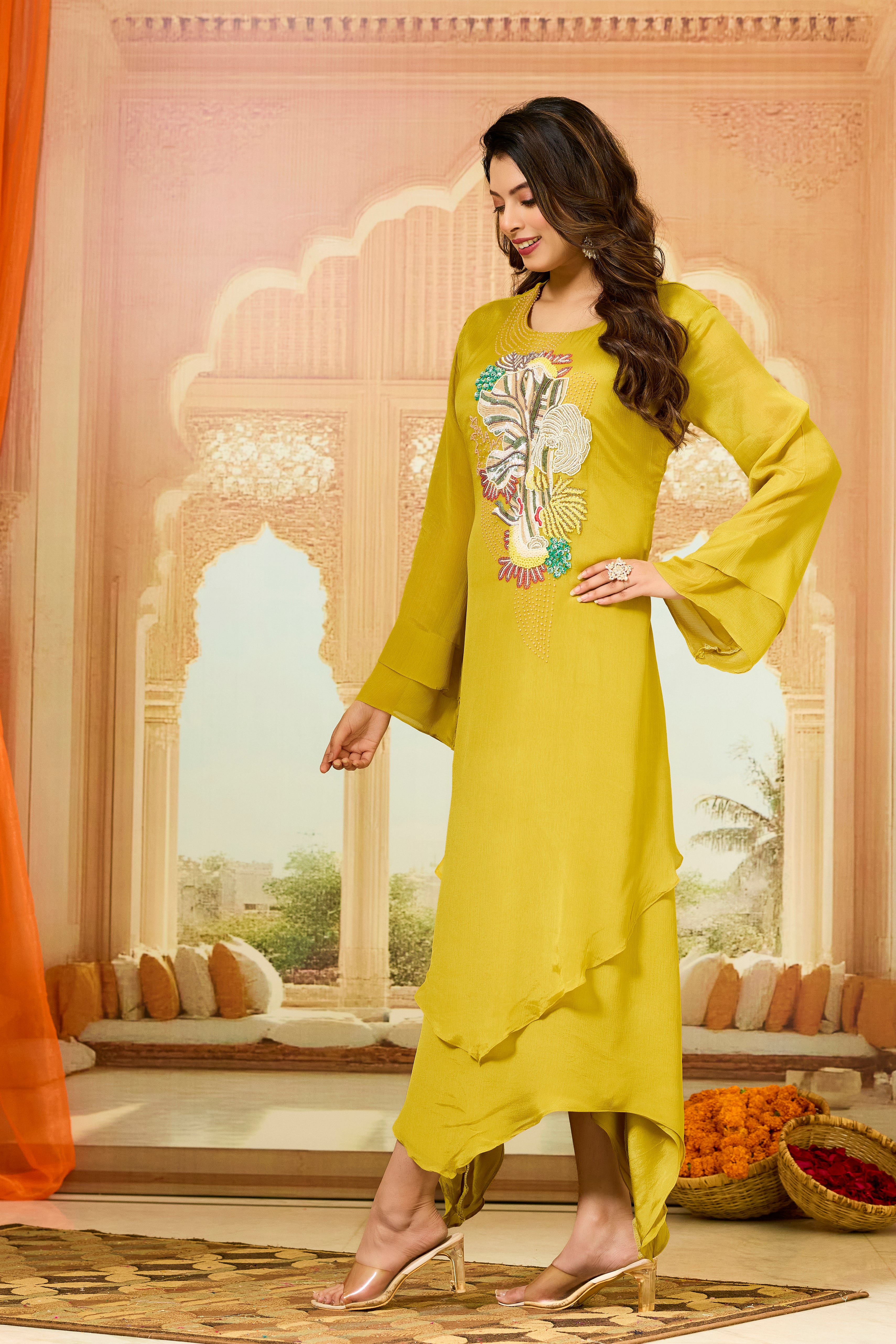 Mustard Asymmetrical Chinon Silk Dress