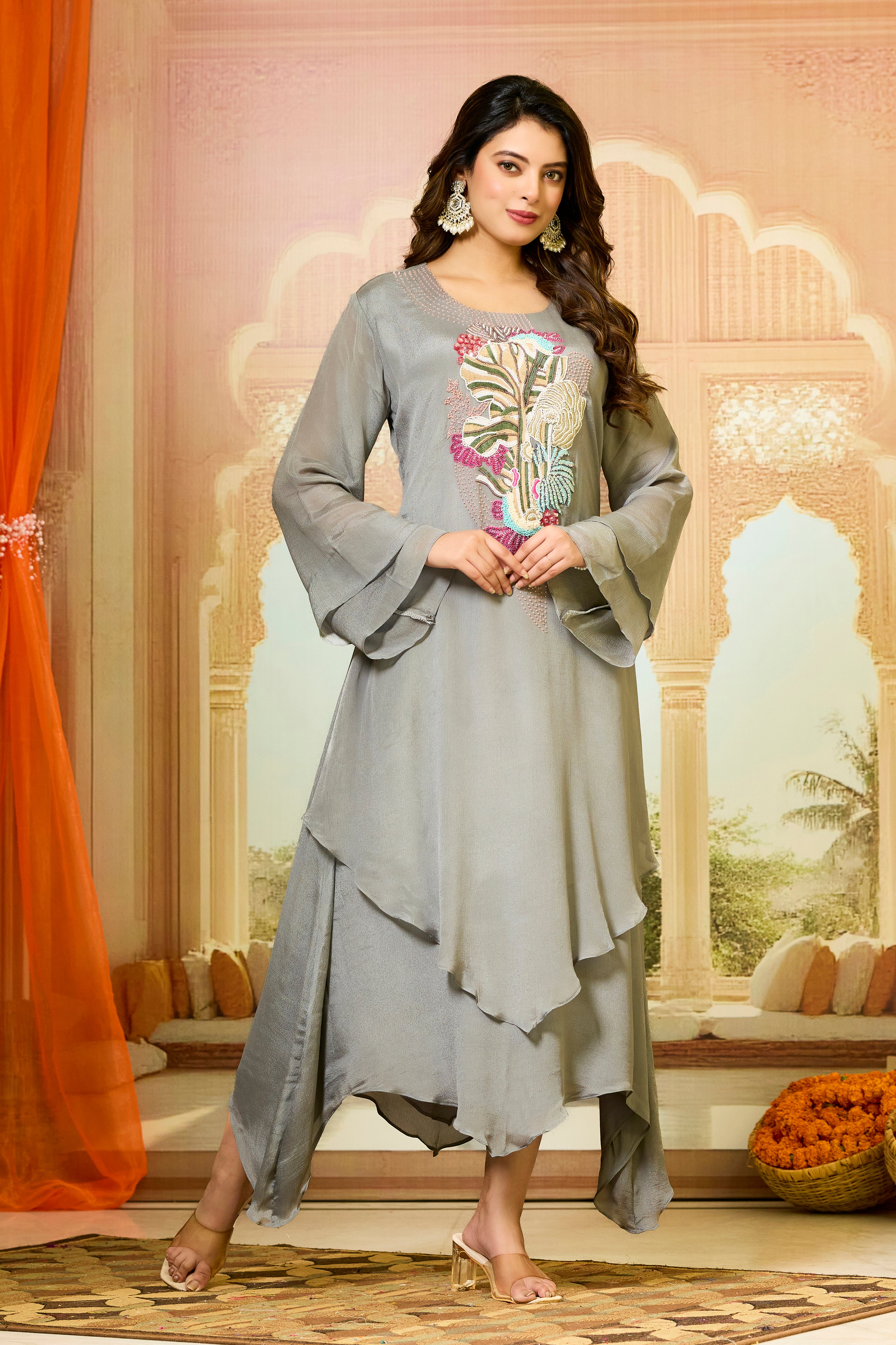 Grey Asymmetrical Chinon Silk Dress