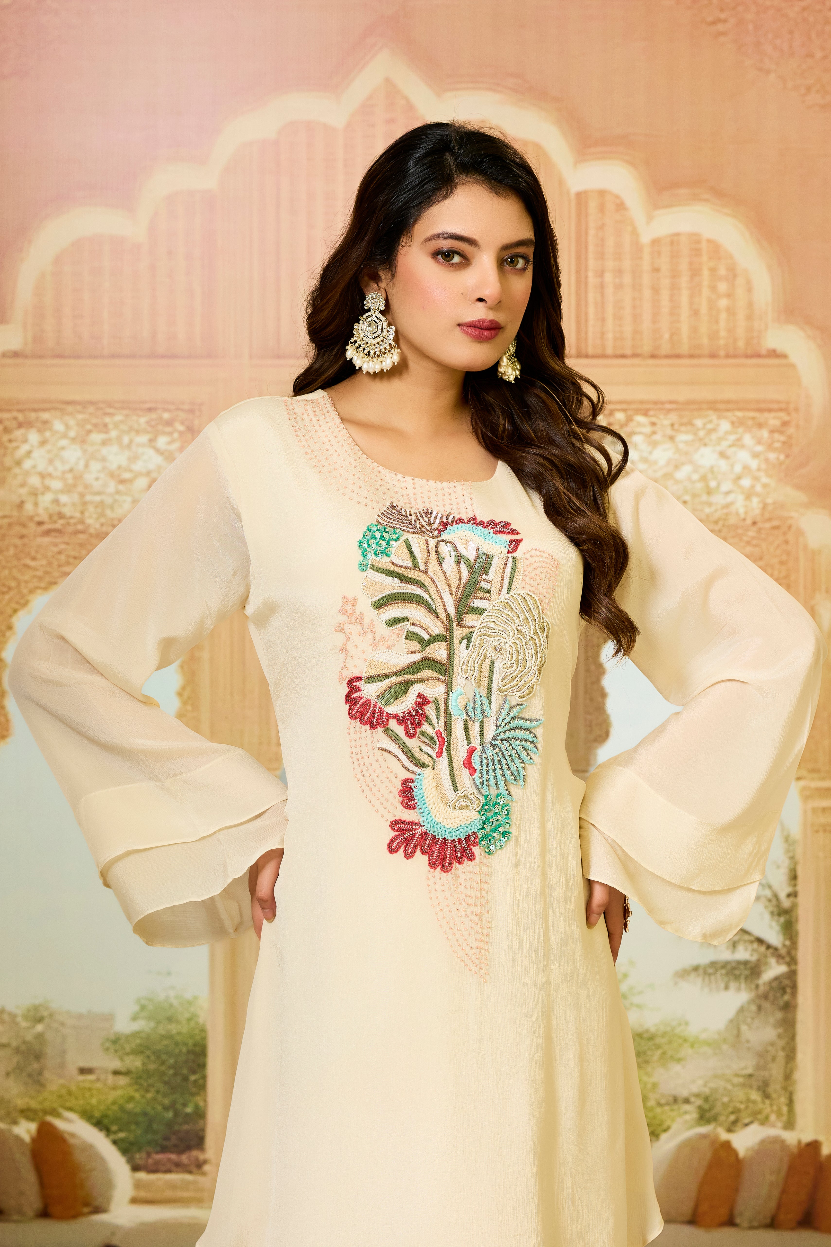 Cream Asymmetrical Chinon Silk Dress