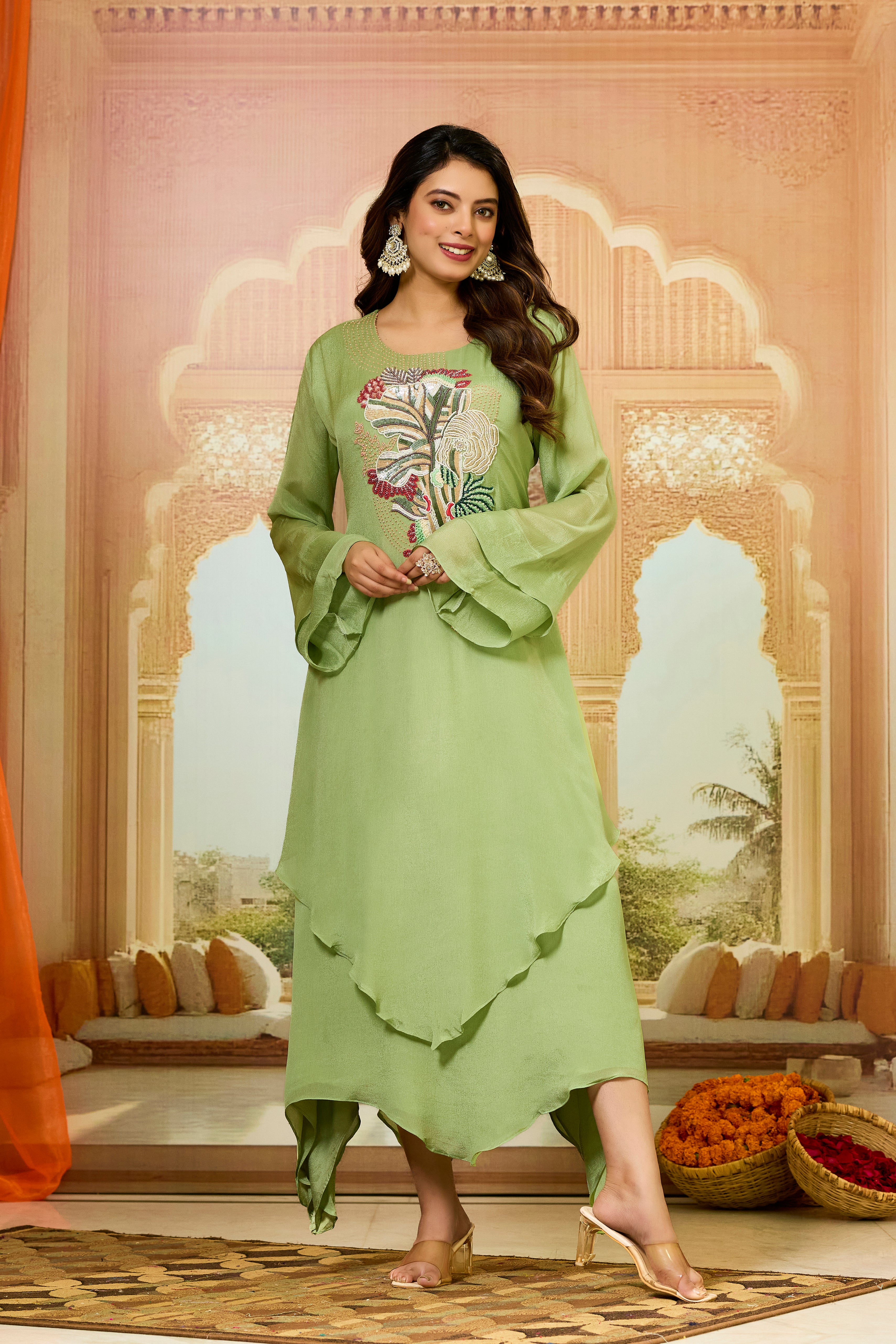 Green Asymmetrical Chinon Silk Dress