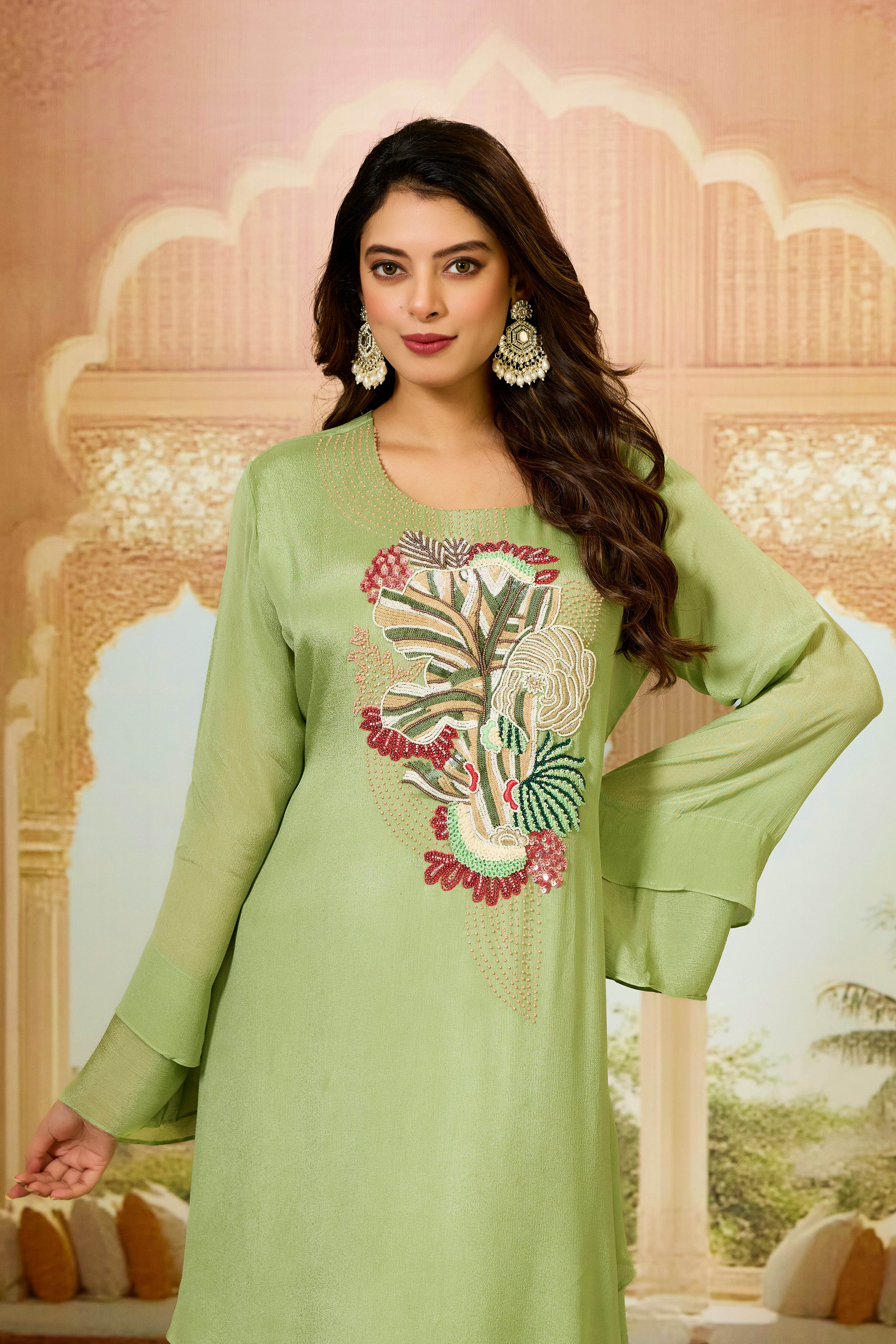 Green Asymmetrical Chinon Silk Dress