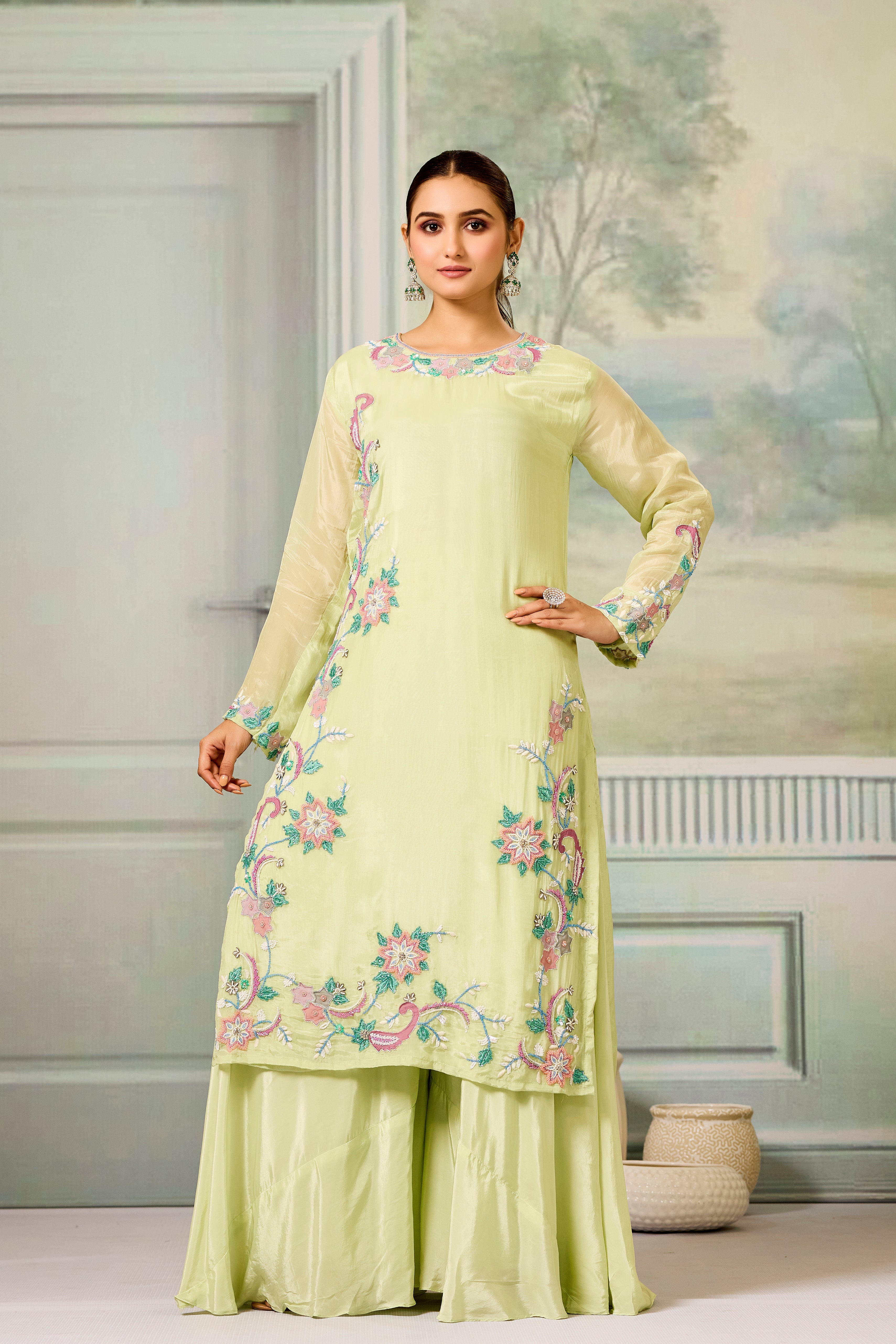 Green Handwork Glass Organza Silk Palazzo Set