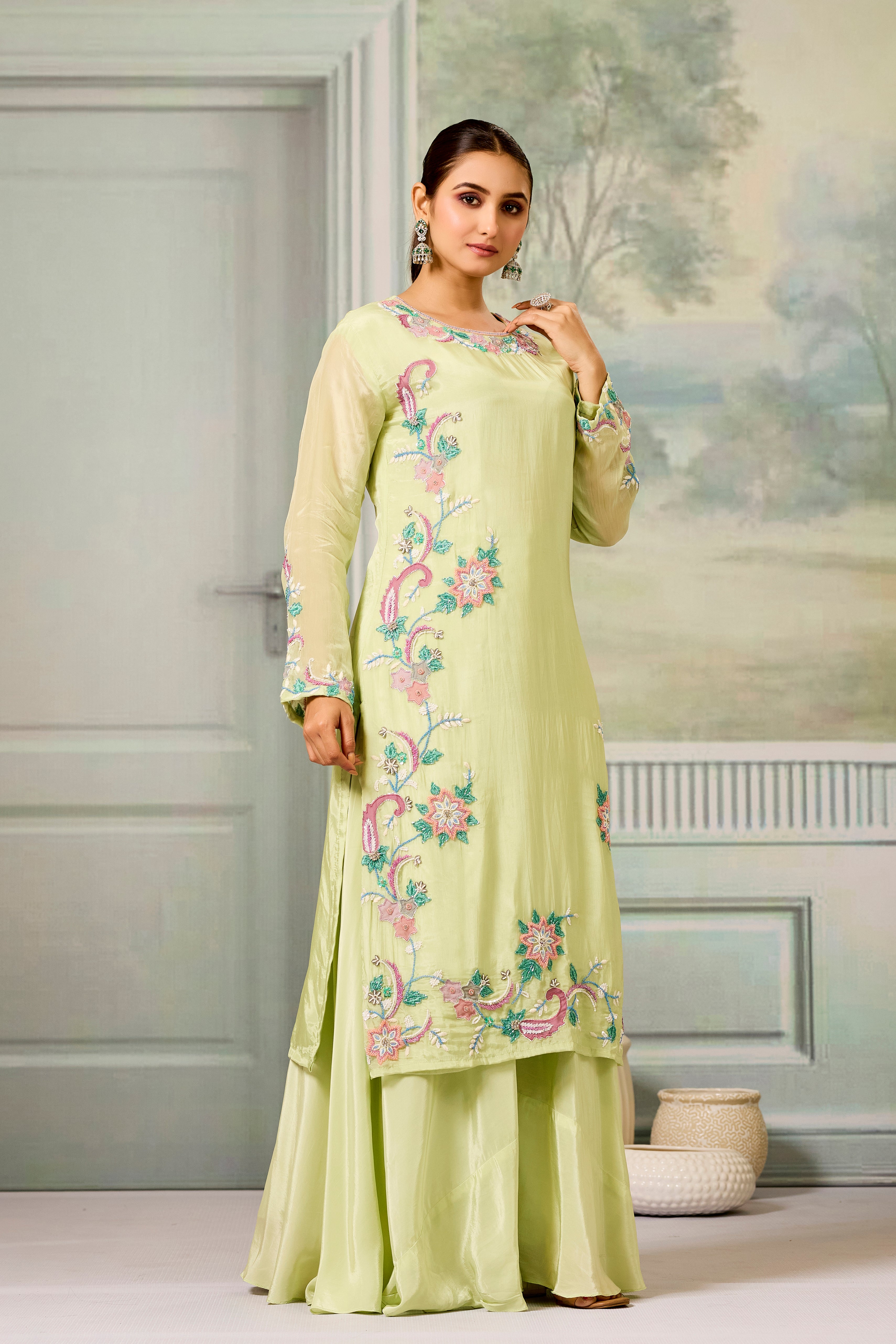 Green Handwork Glass Organza Silk Palazzo Set