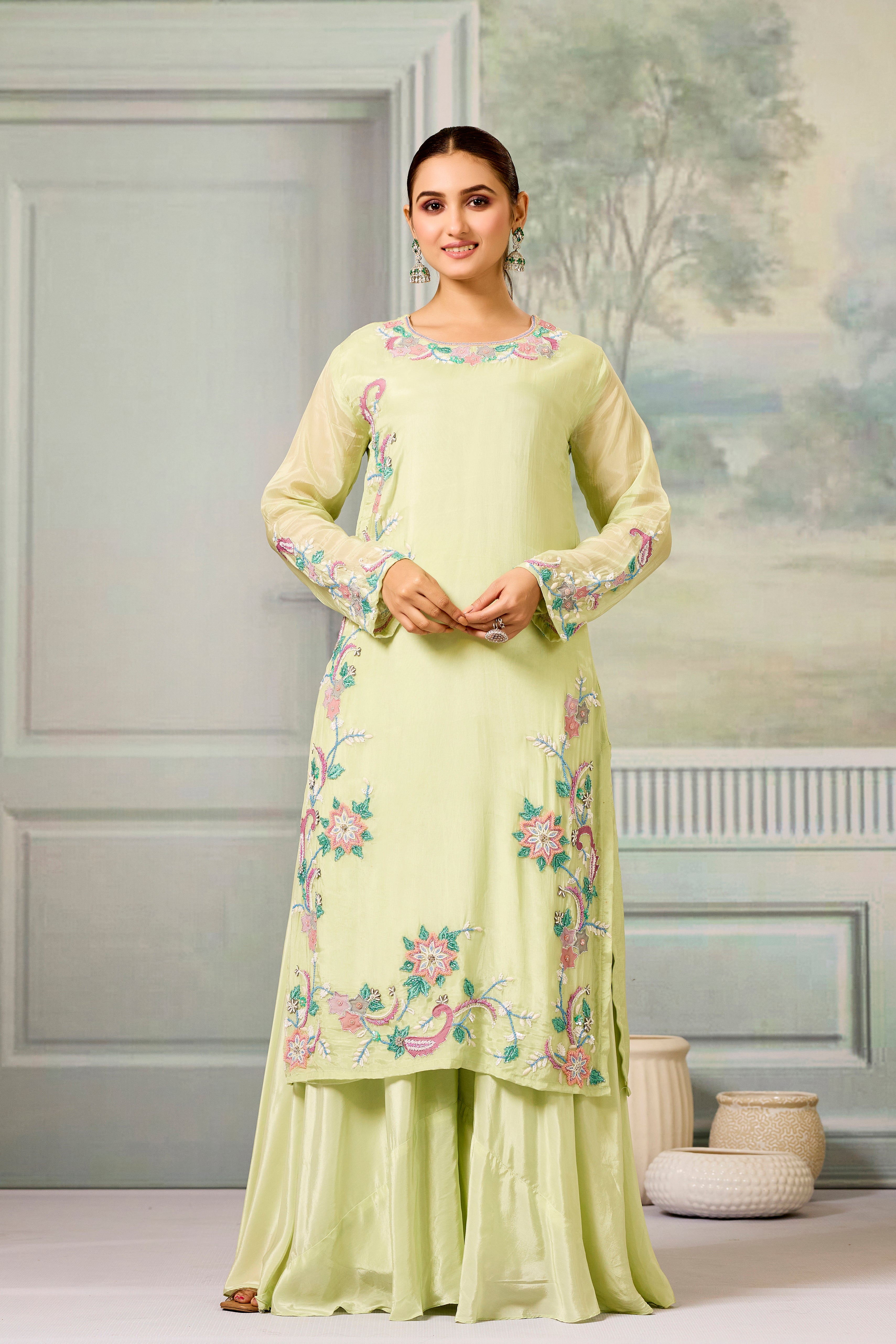 Green Handwork Glass Organza Silk Palazzo Set