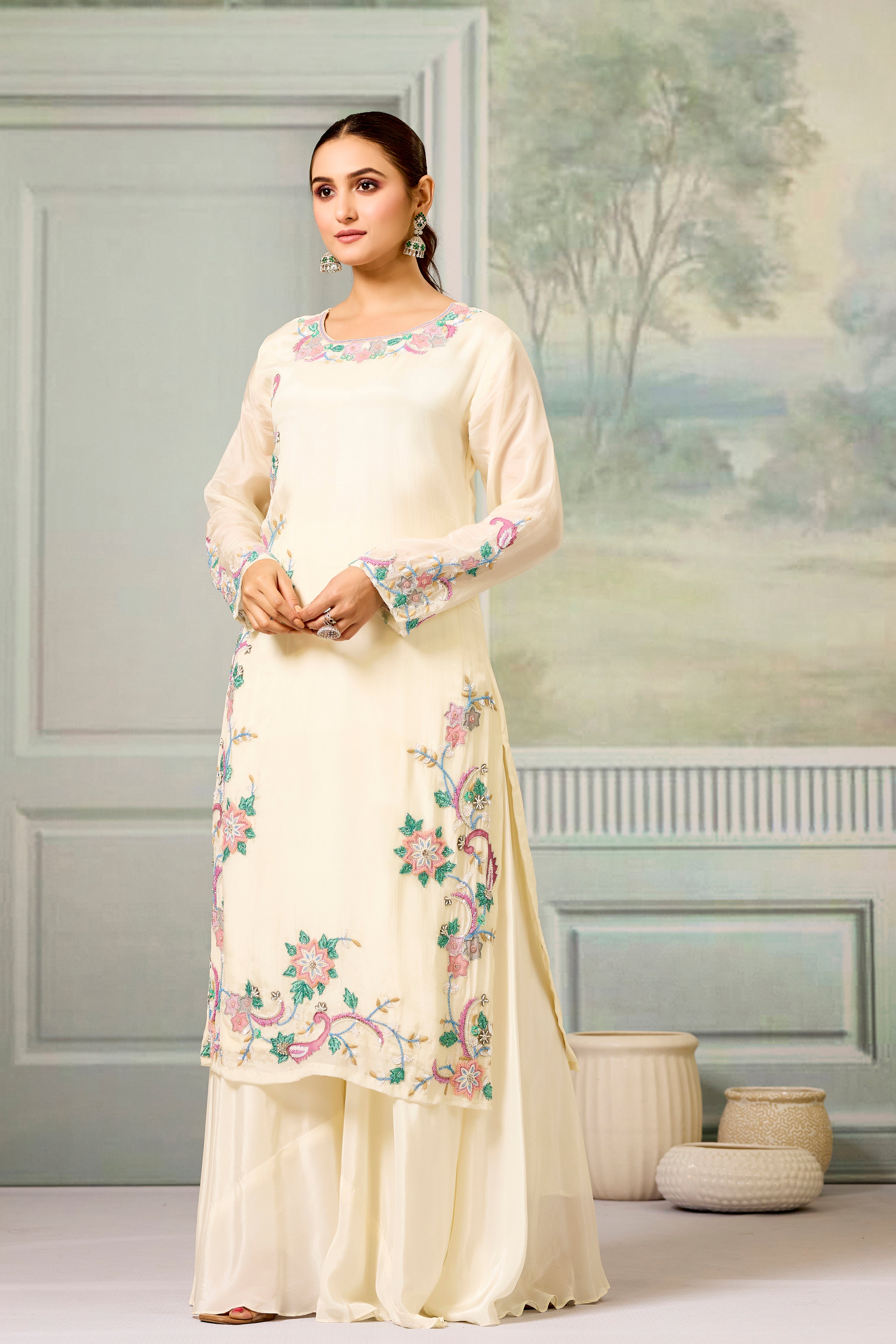 Cream Handwork Glass Organza Silk Palazzo Set