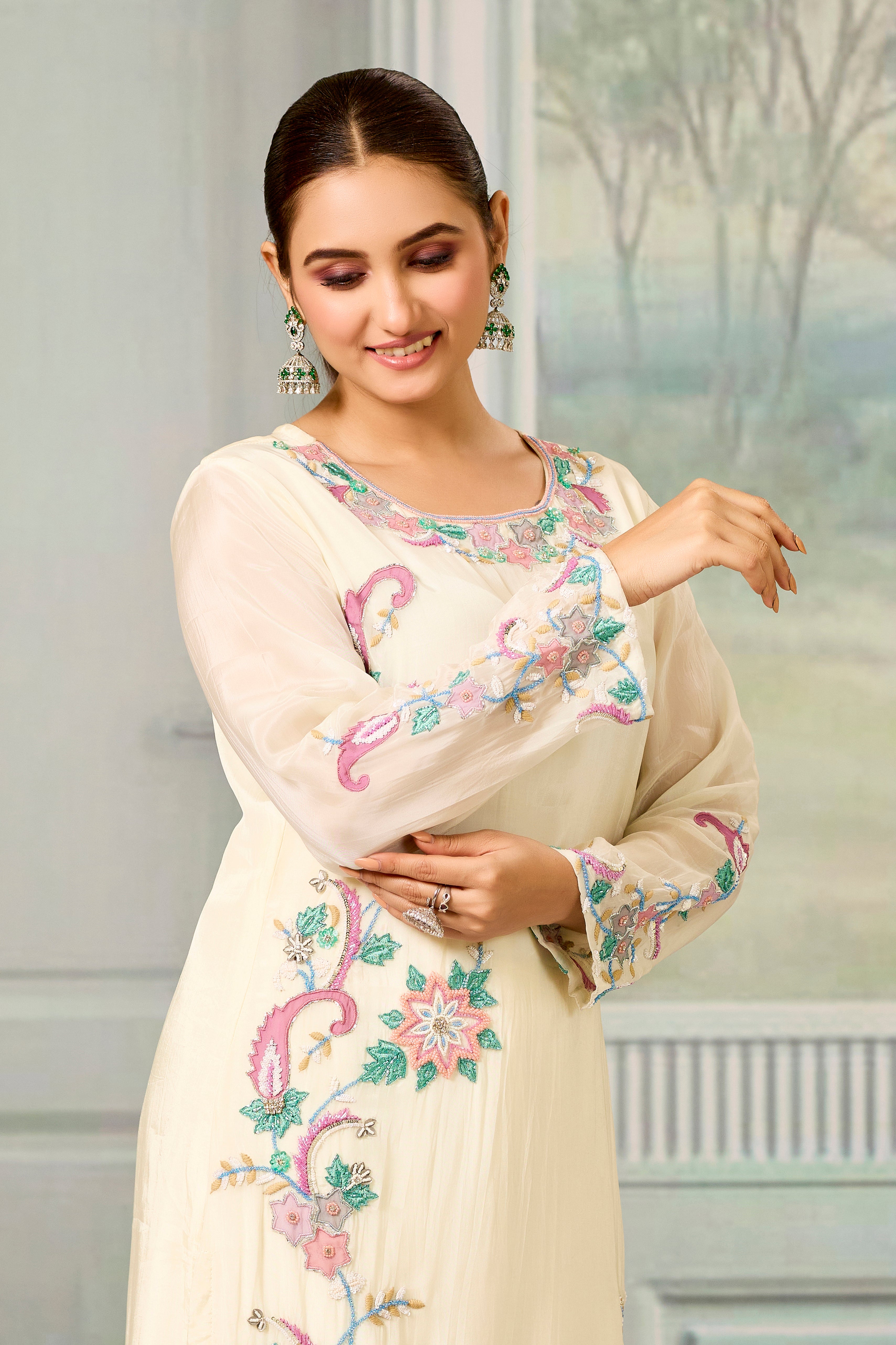 Cream Handwork Glass Organza Silk Palazzo Set