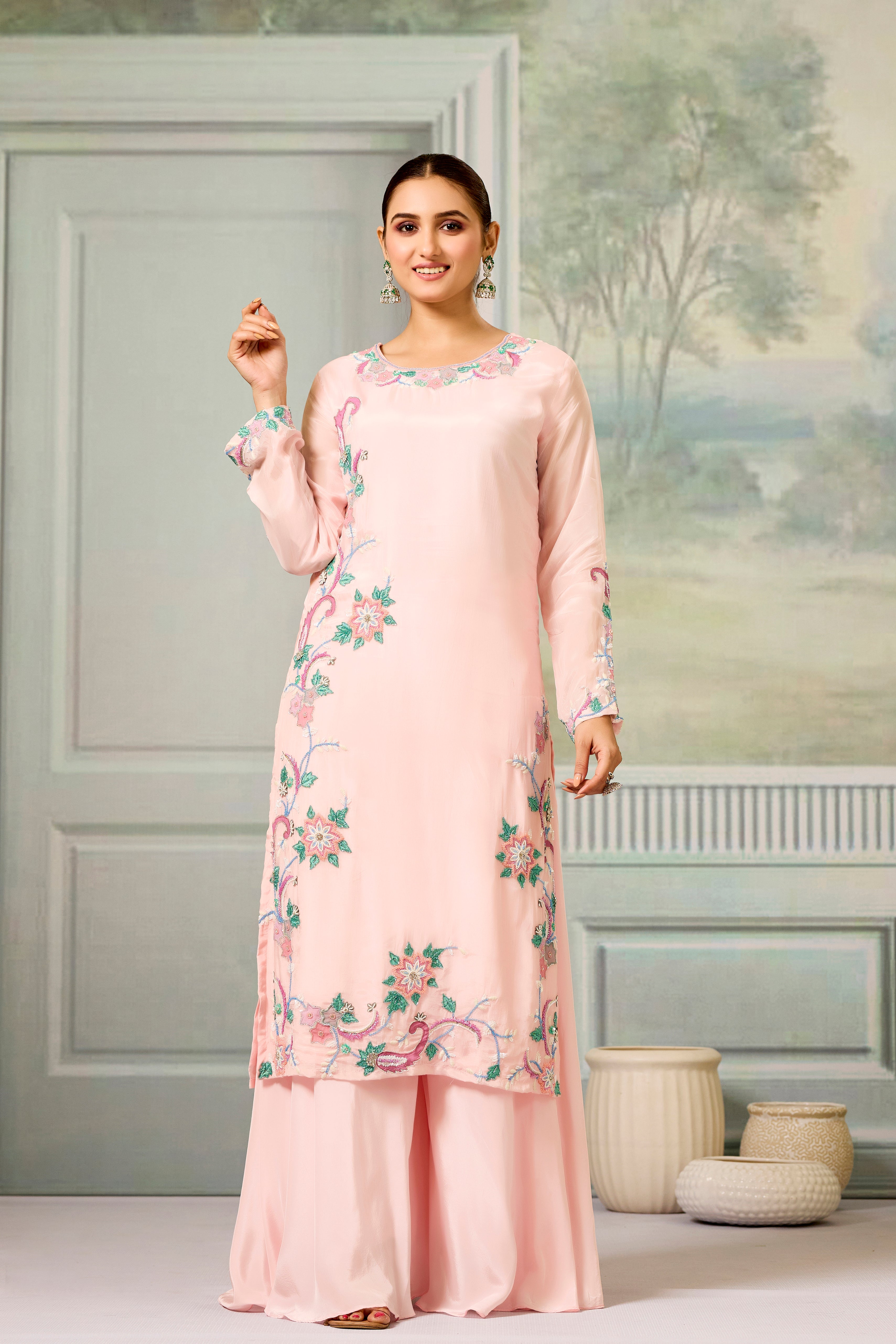 Pink Handwork Glass Organza Silk Palazzo Set