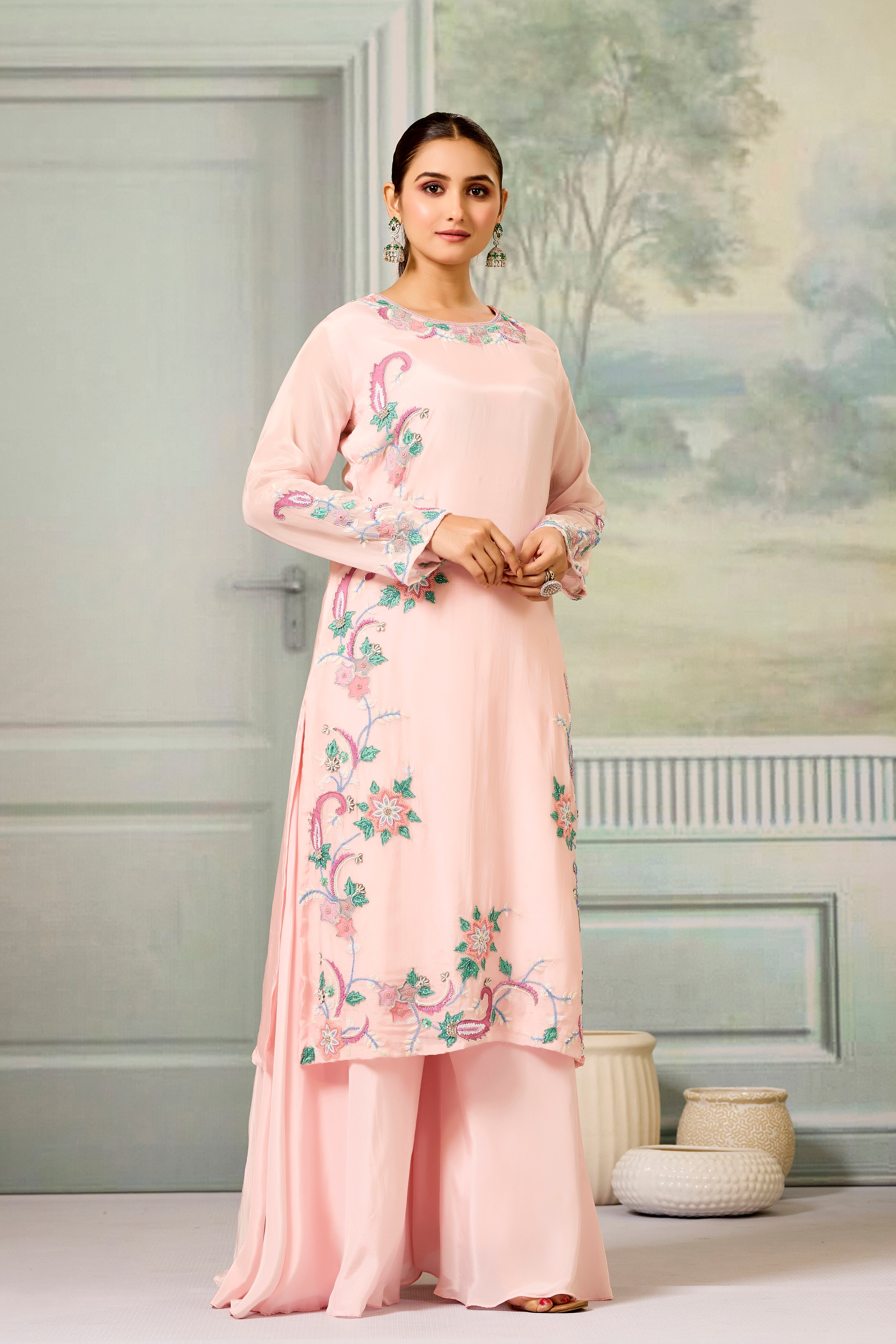 Pink Handwork Glass Organza Silk Palazzo Set