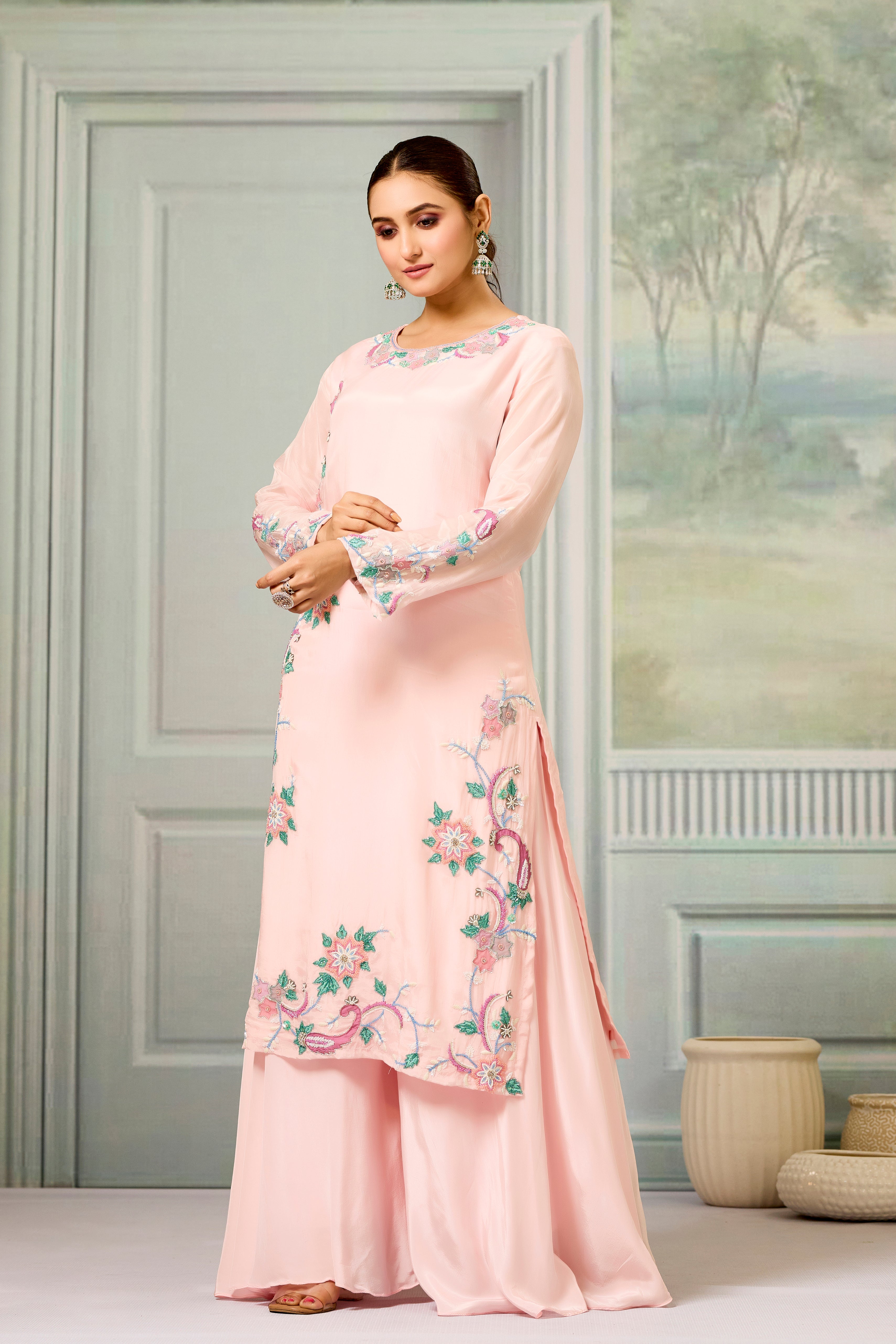 Pink Handwork Glass Organza Silk Palazzo Set