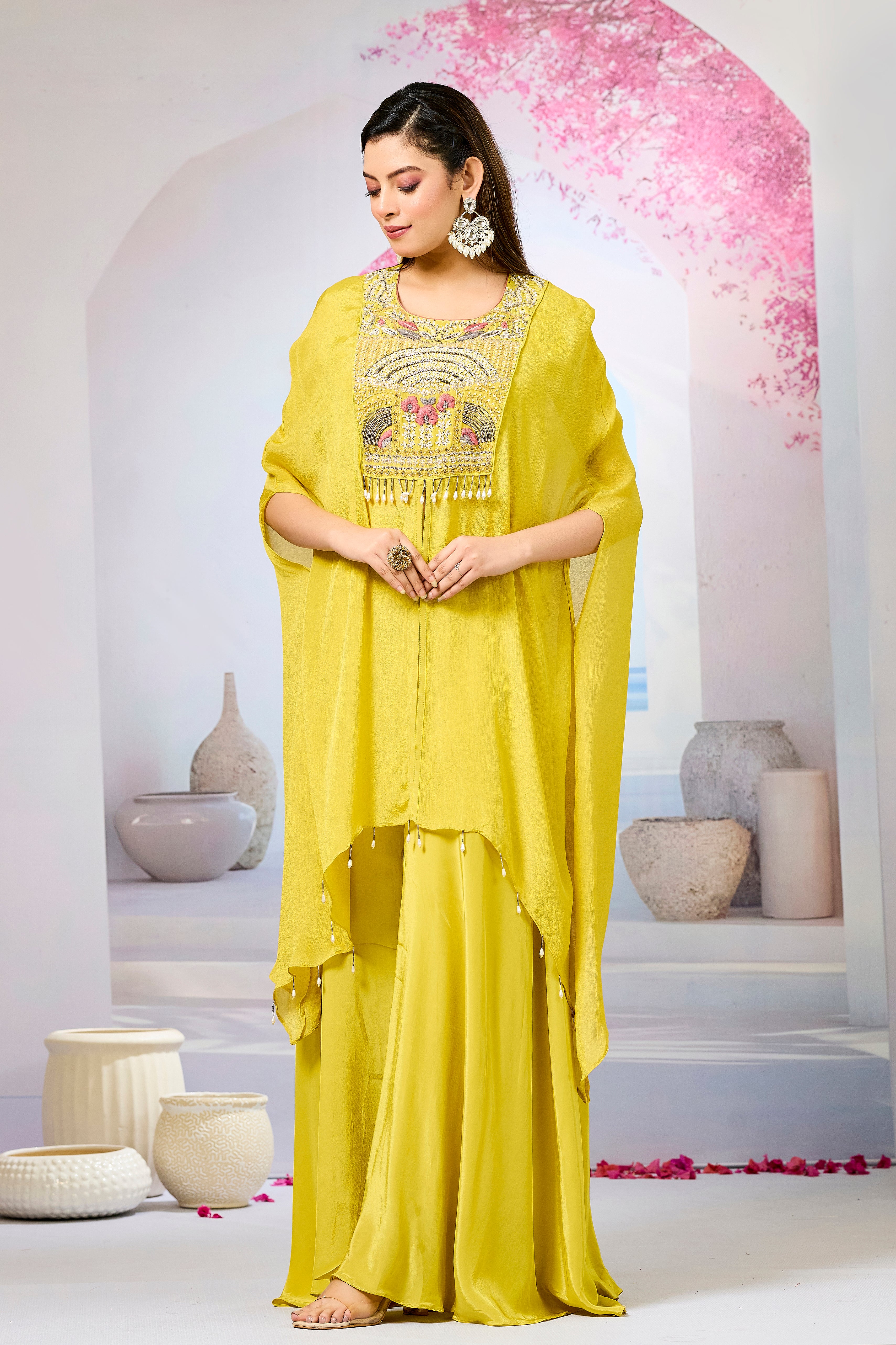 Yellow Embellished Chinon Silk Palazzo Set