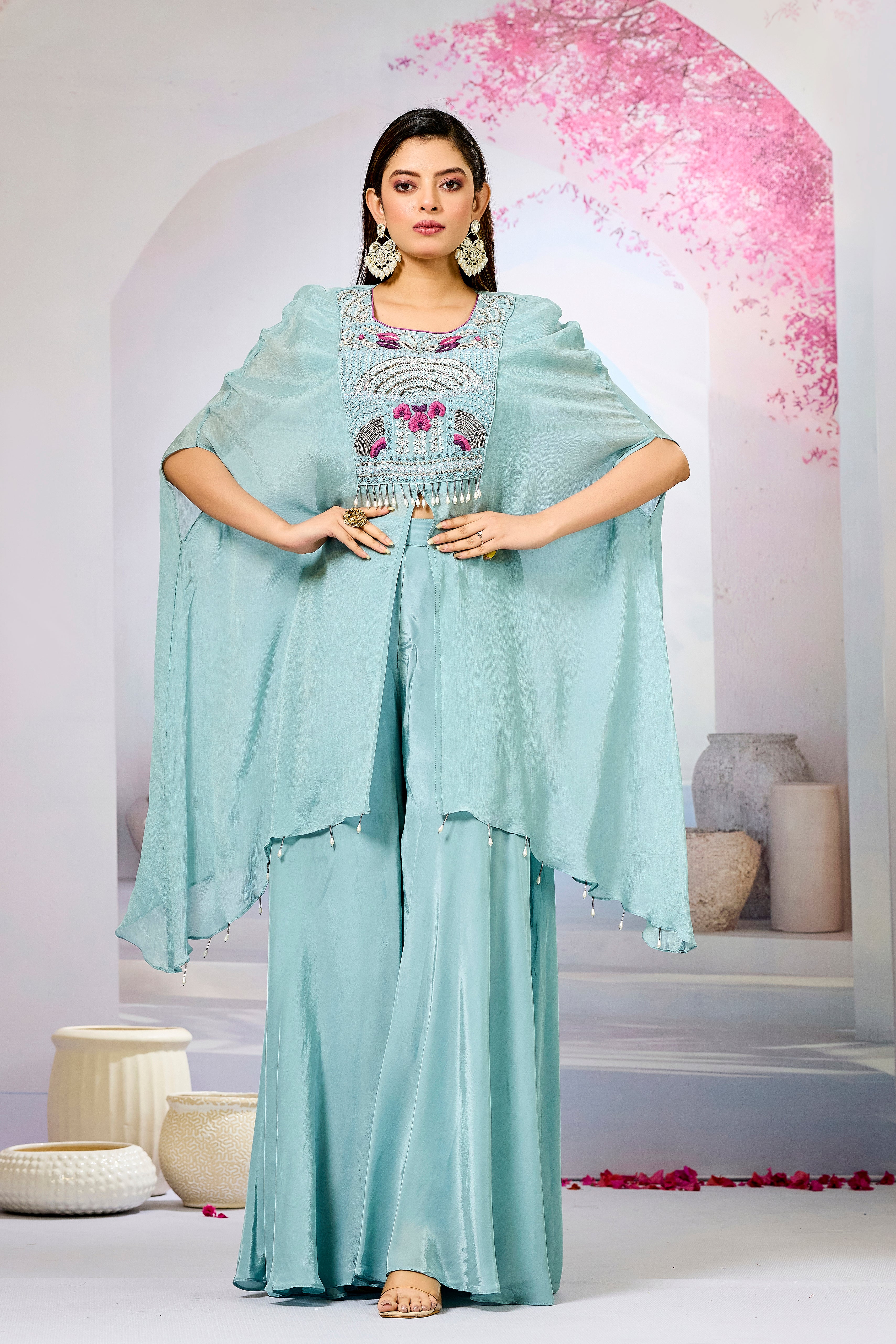 Sky Blue Embellished Chinon Silk Palazzo Set