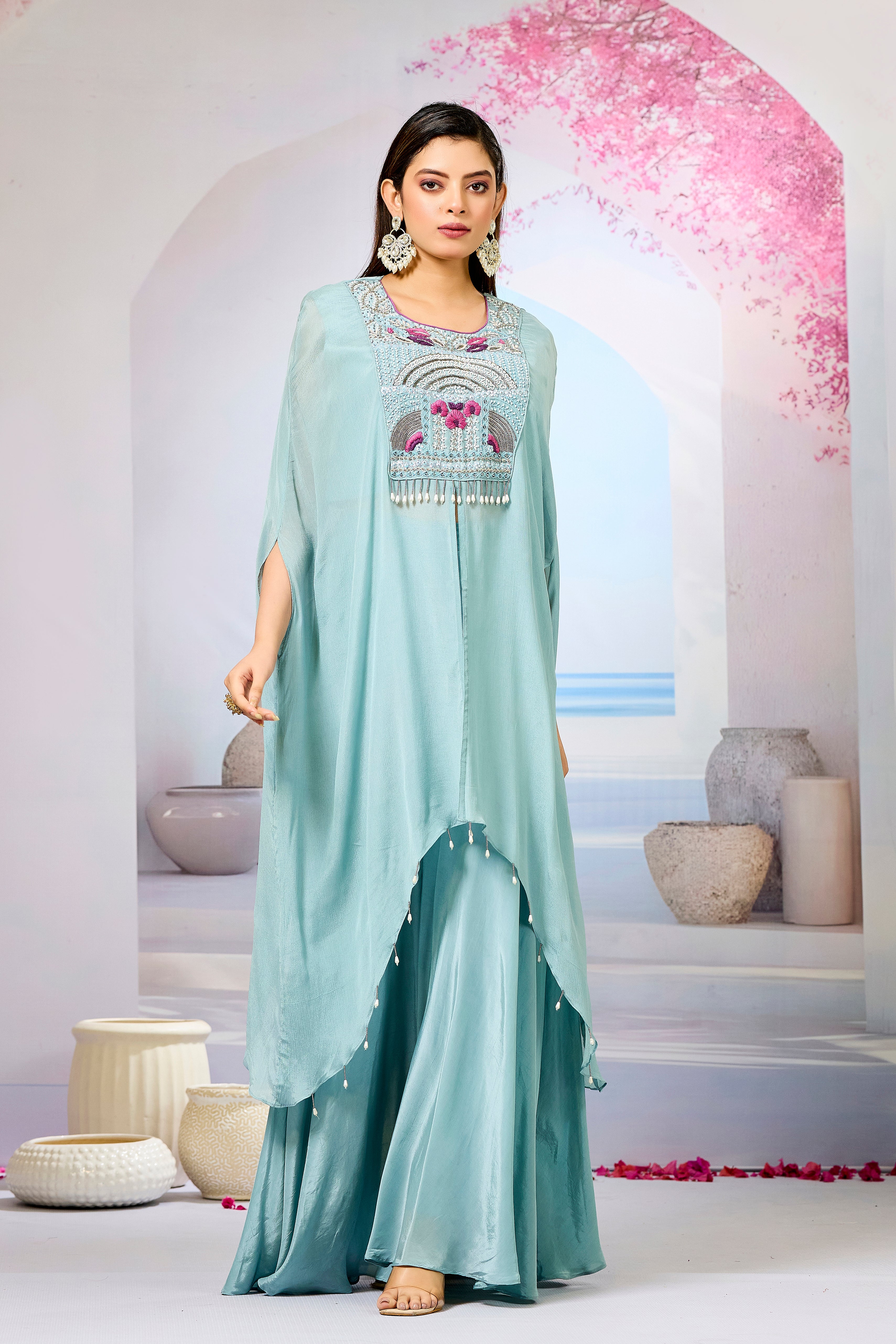 Sky Blue Embellished Chinon Silk Palazzo Set