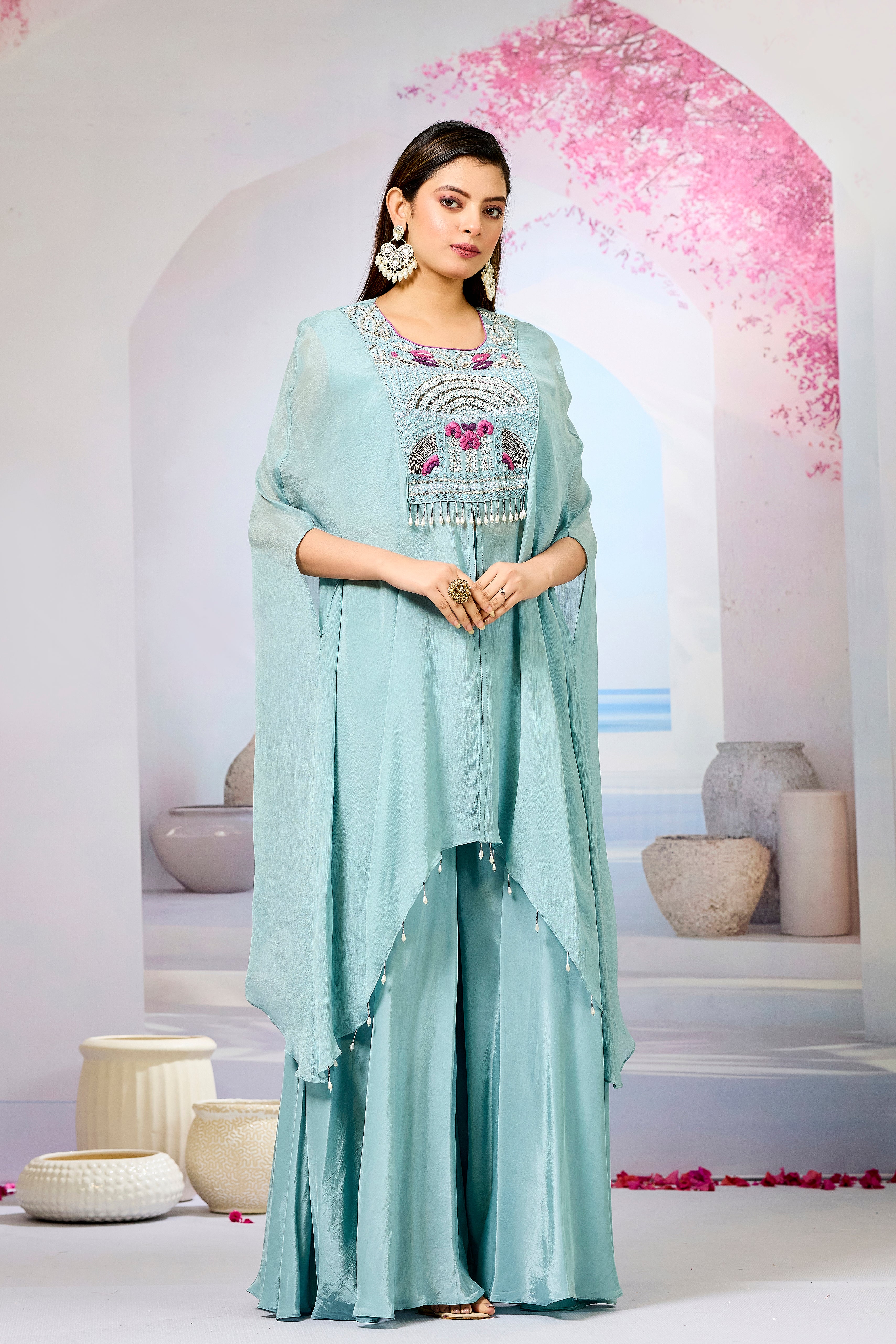 Sky Blue Embellished Chinon Silk Palazzo Set