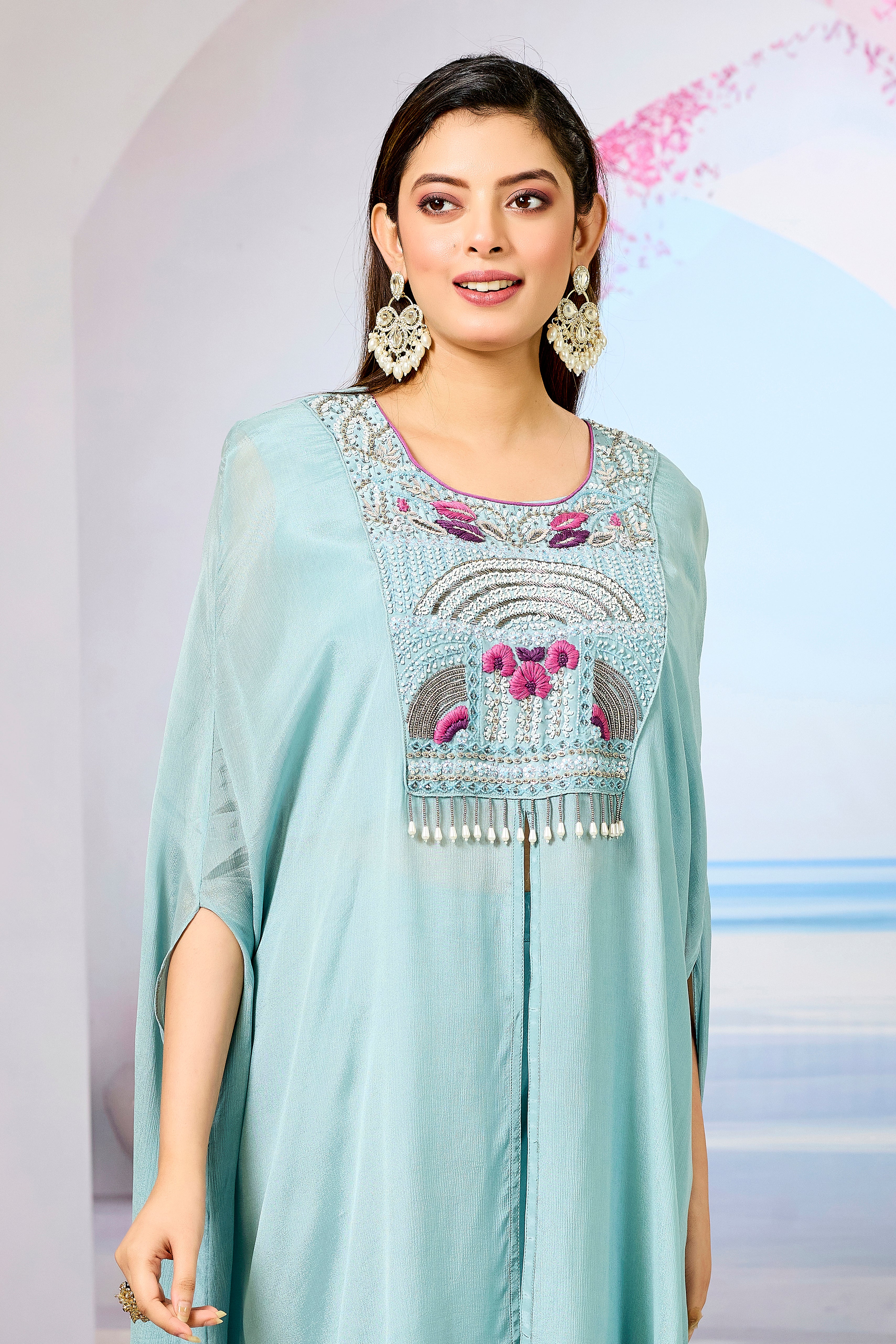 Sky Blue Embellished Chinon Silk Palazzo Set