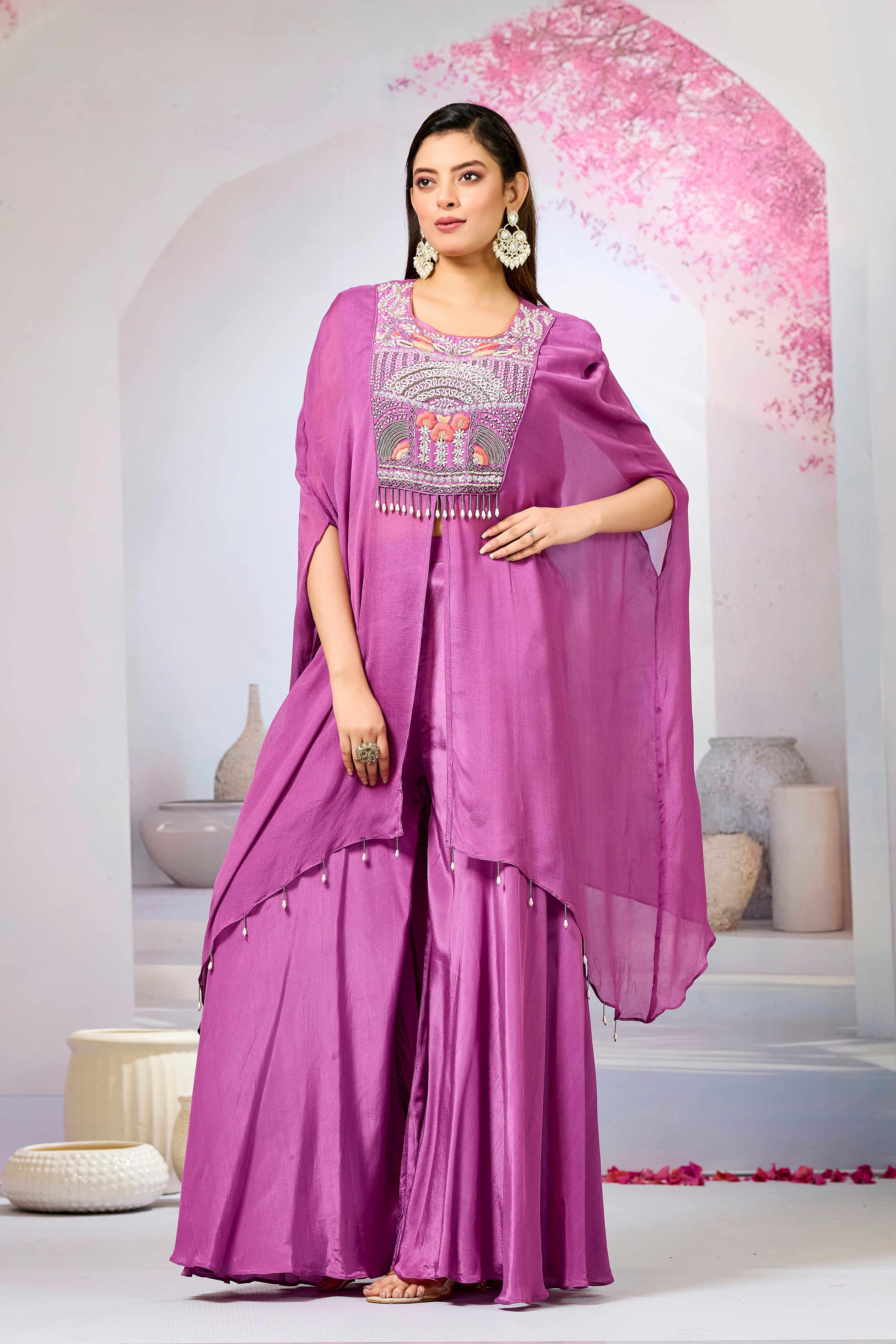 Pink Embellished Chinon Silk Palazzo Set
