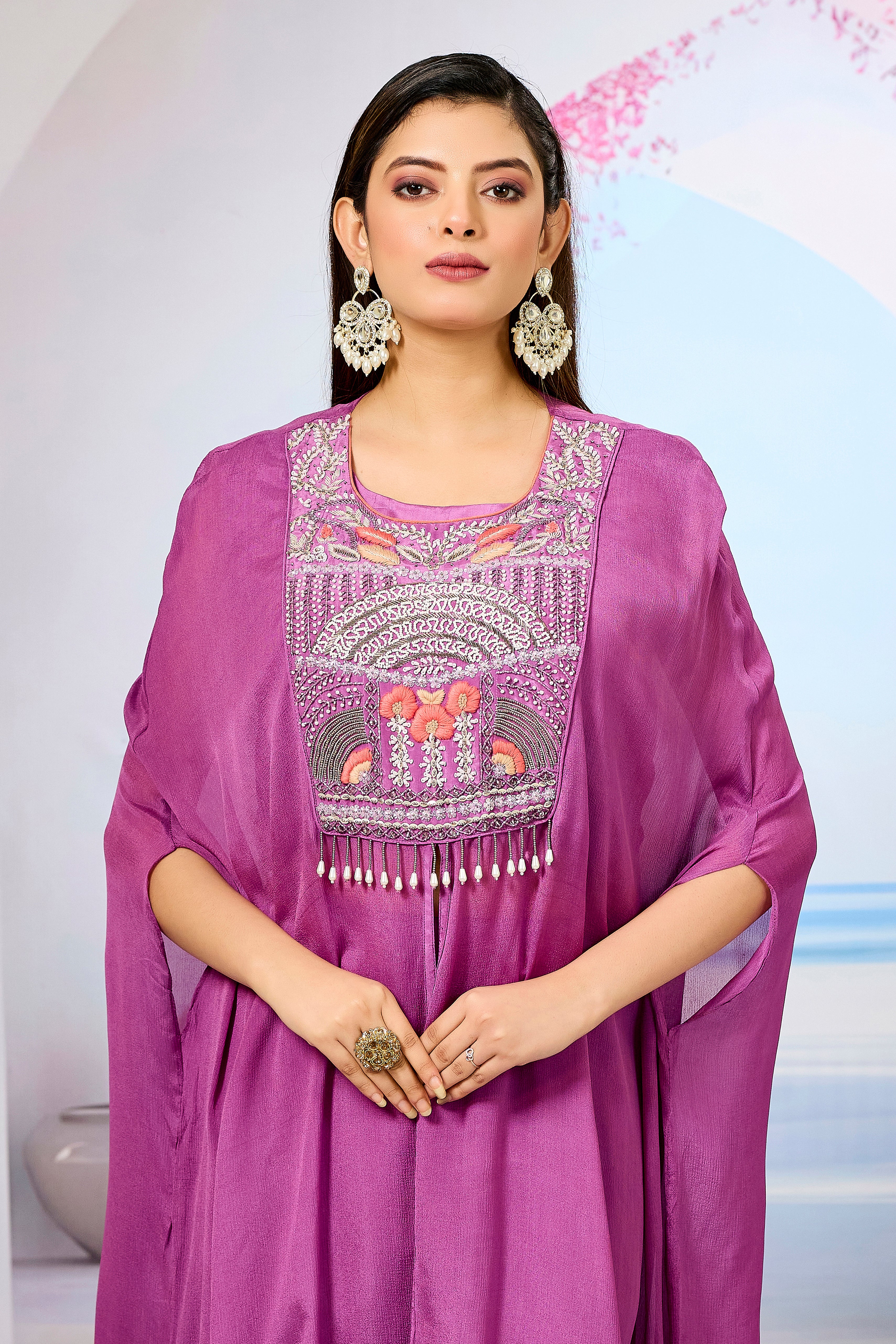 Pink Embellished Chinon Silk Palazzo Set