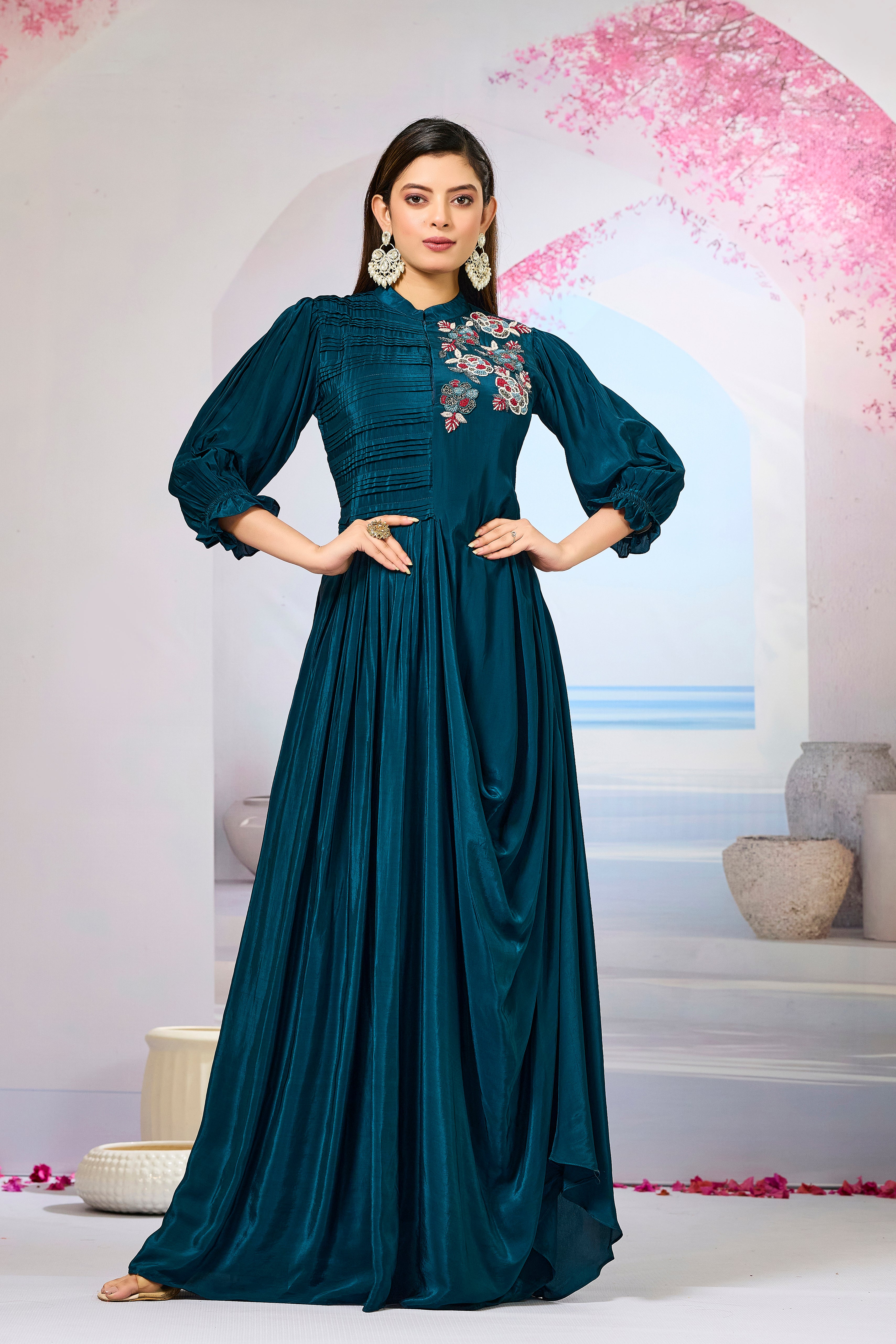 Deep Teal Crepe Silk Cowl Gown