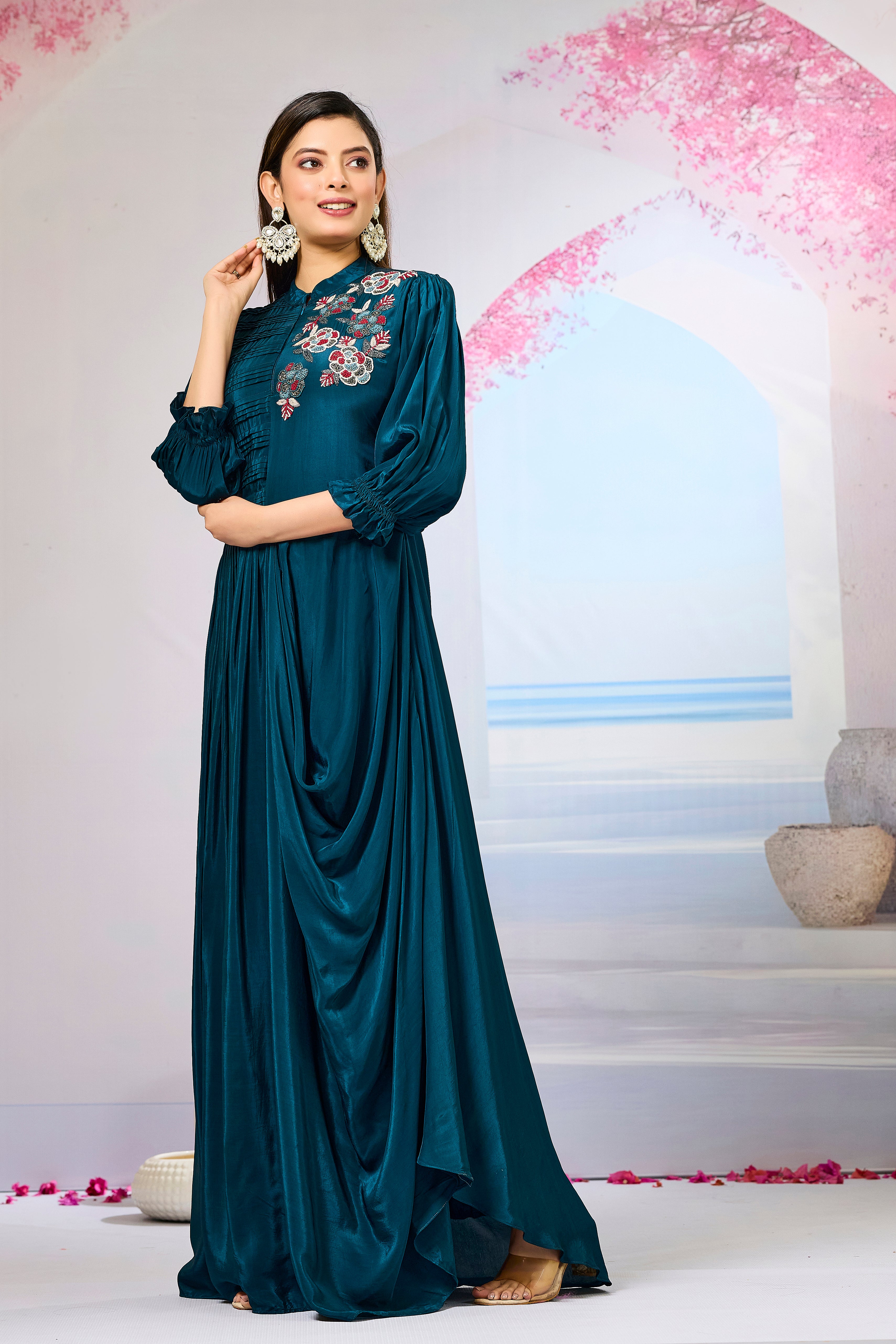 Deep Teal Crepe Silk Cowl Gown