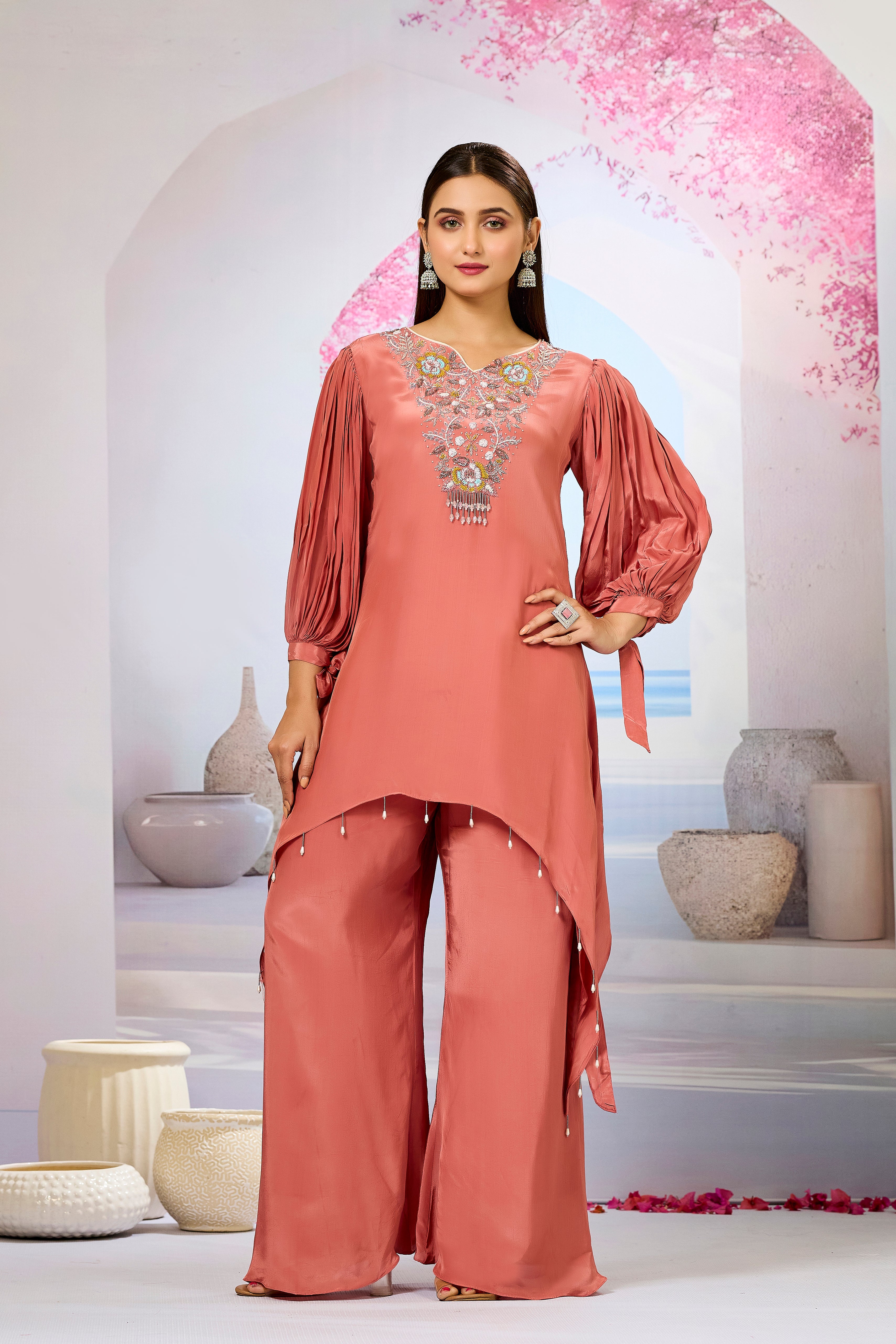 Peach Embellished Crepe Silk Palazzo Set