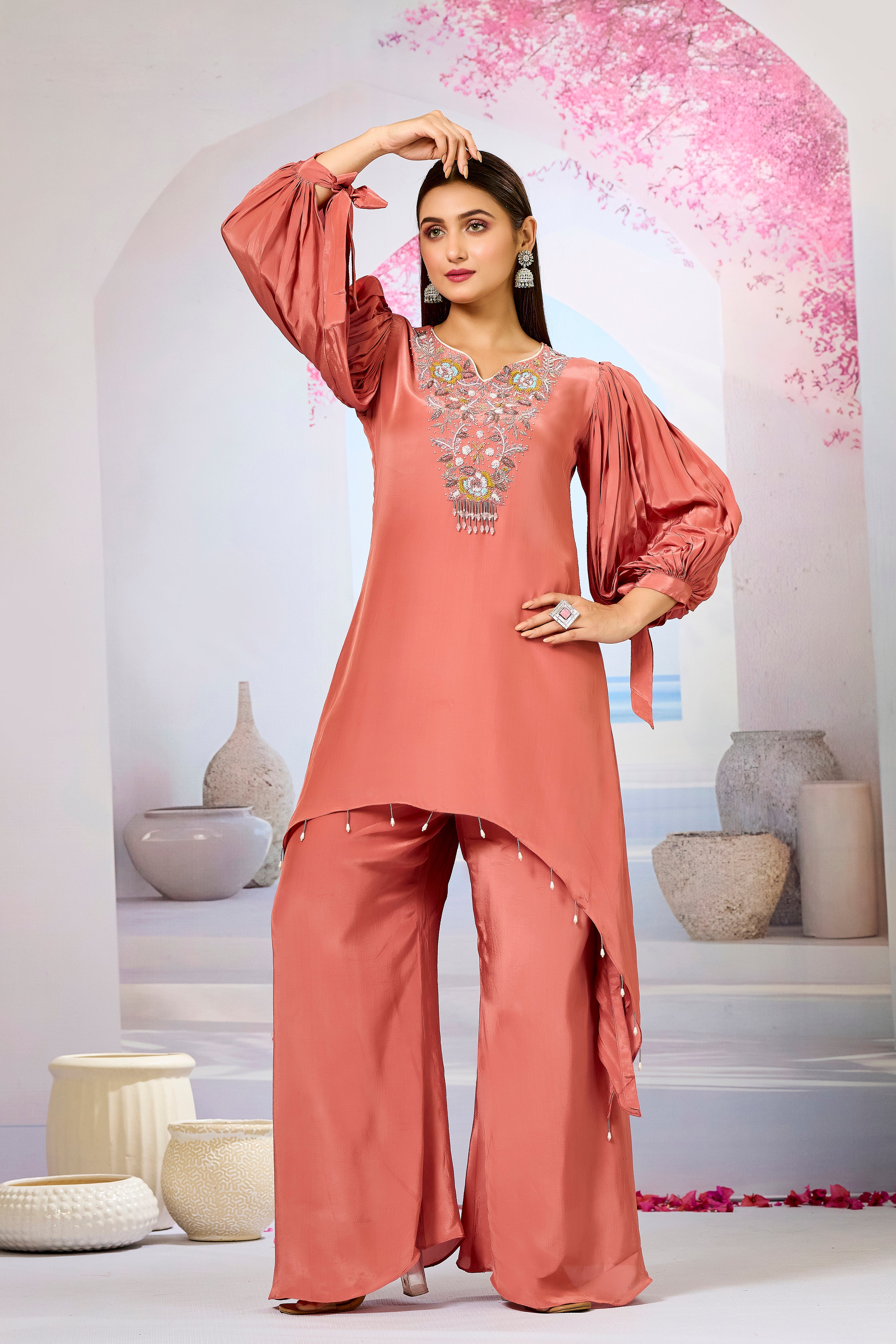 Peach Embellished Crepe Silk Palazzo Set