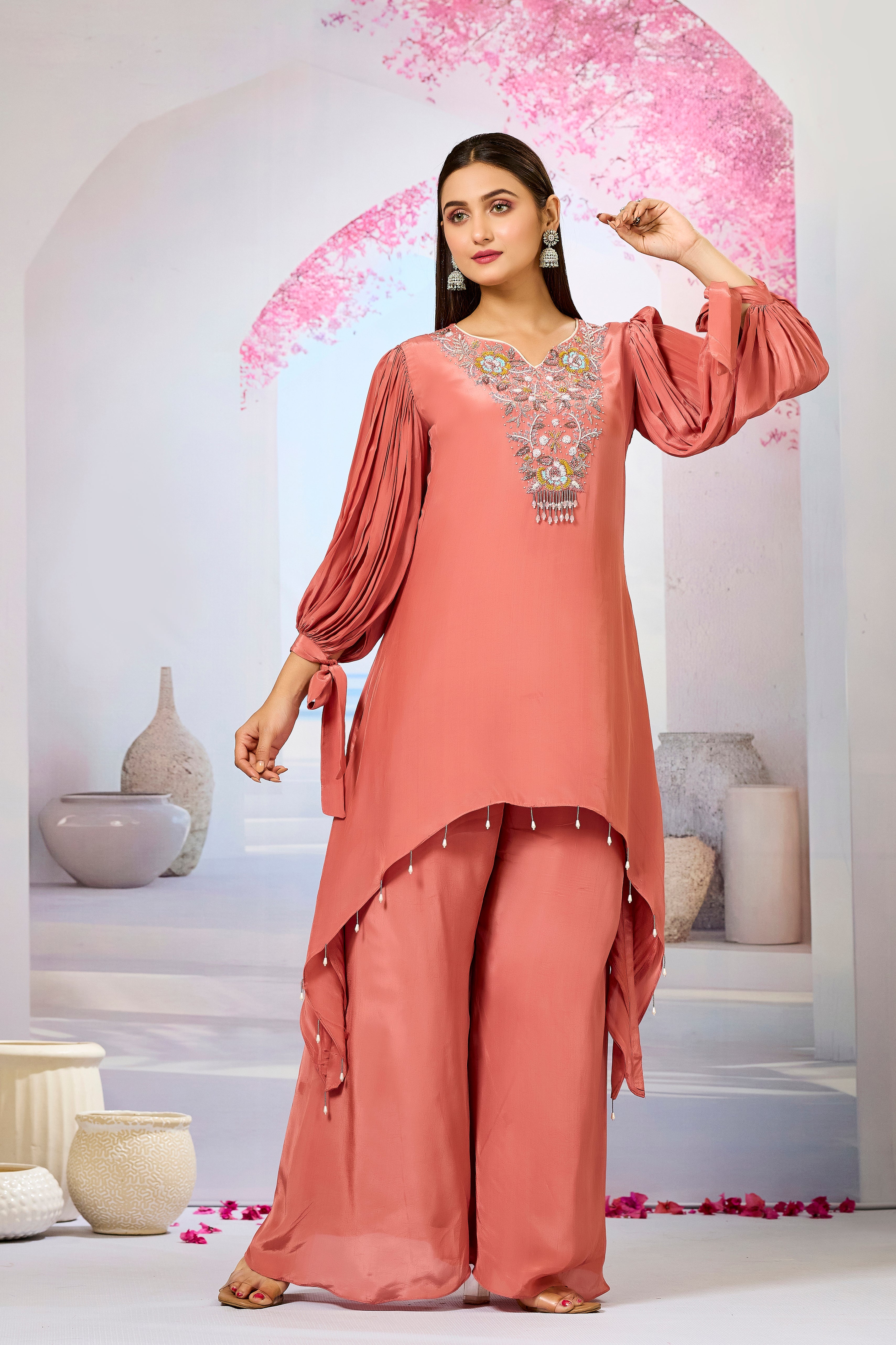 Peach Embellished Crepe Silk Palazzo Set