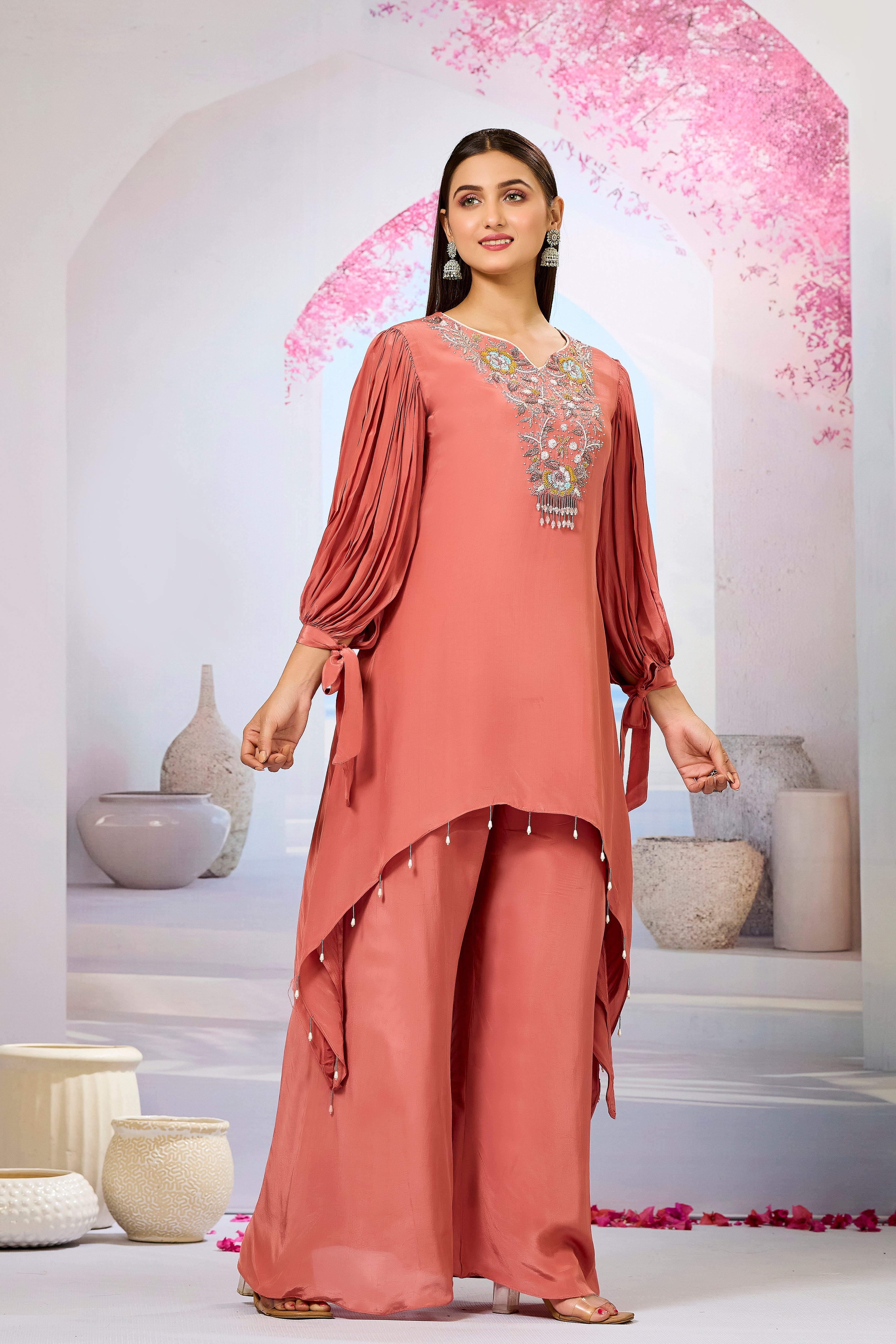 Peach Embellished Crepe Silk Palazzo Set