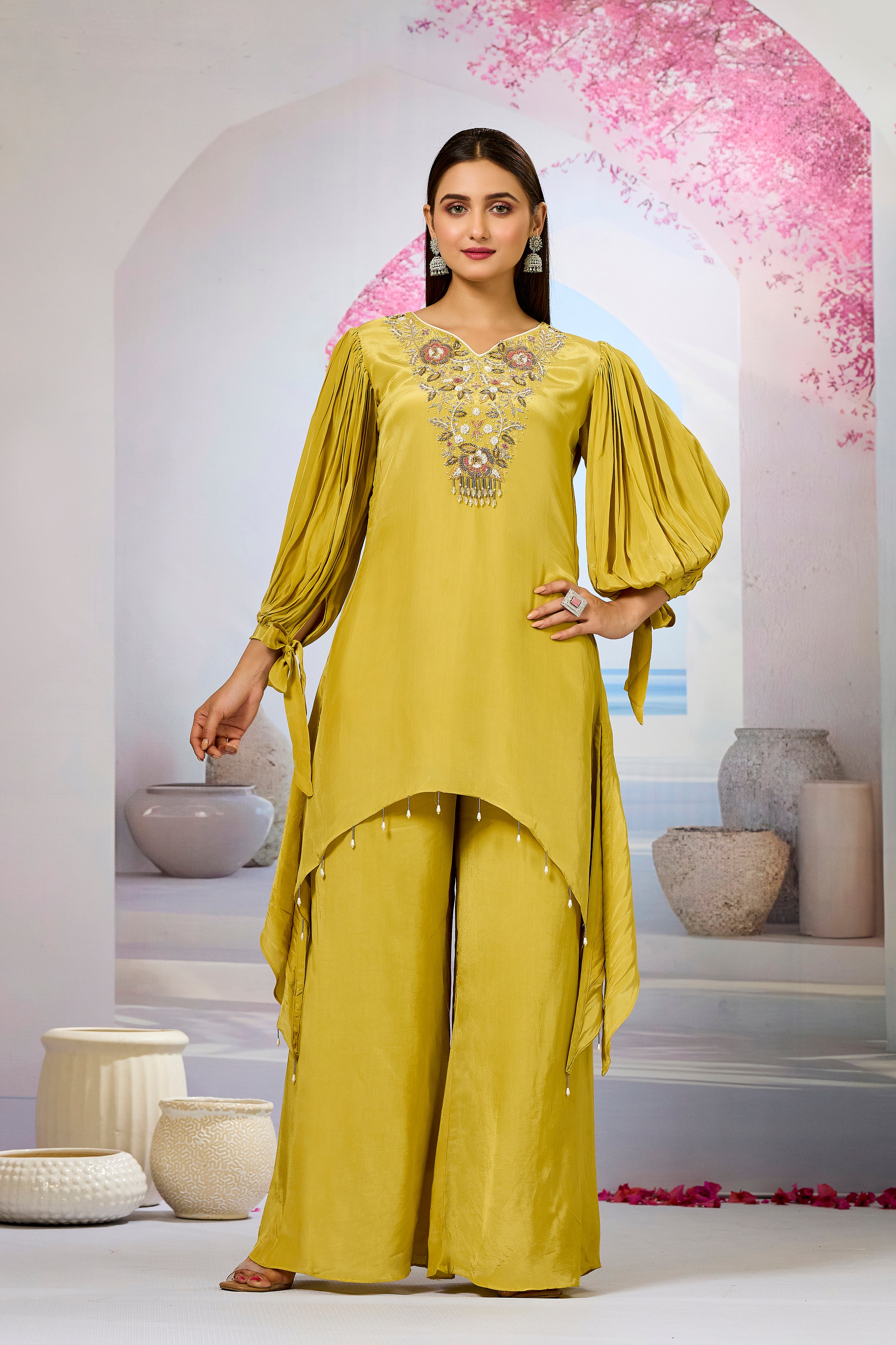 Pear Green Embellished Crepe Silk Palazzo Set