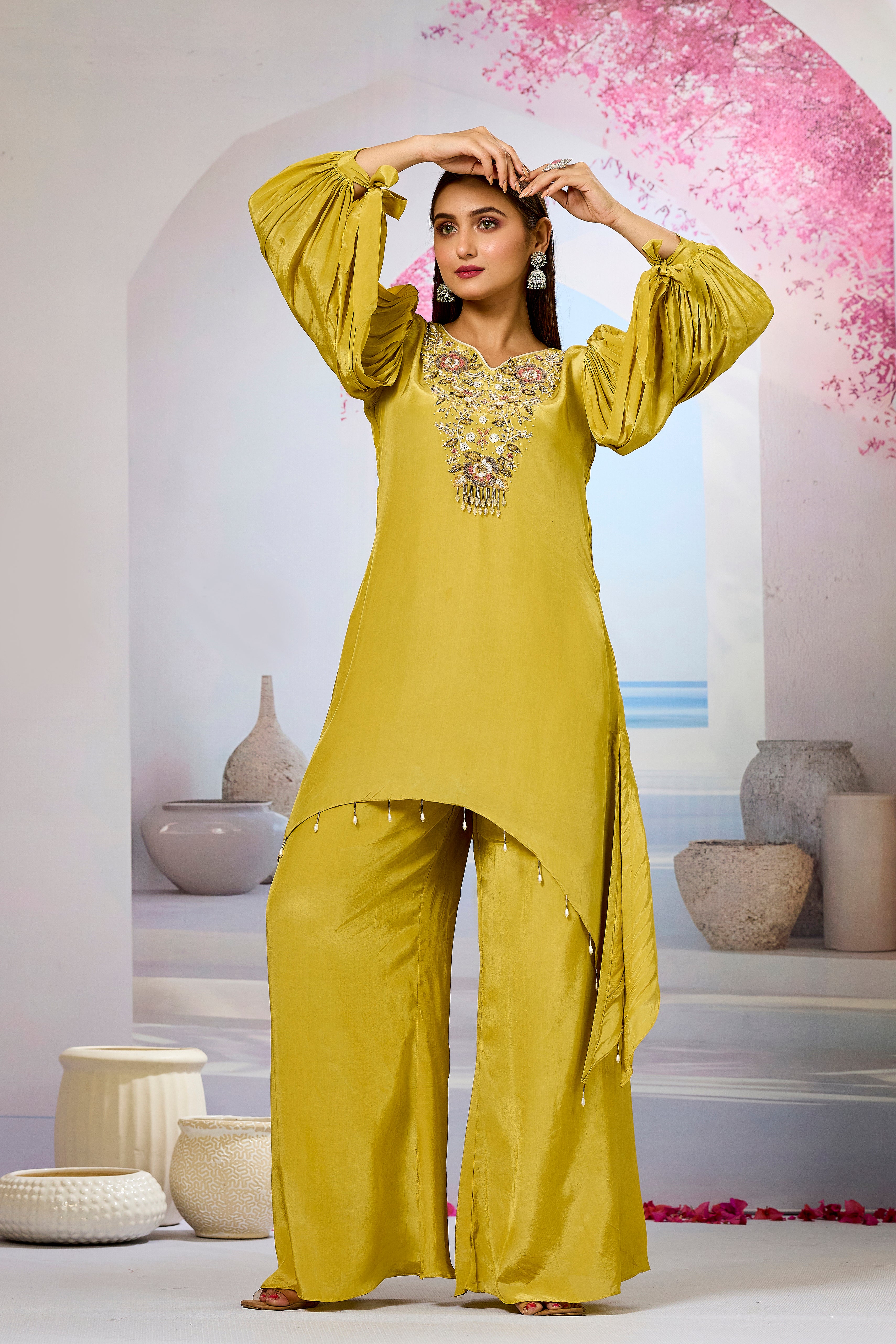 Pear Green Embellished Crepe Silk Palazzo Set