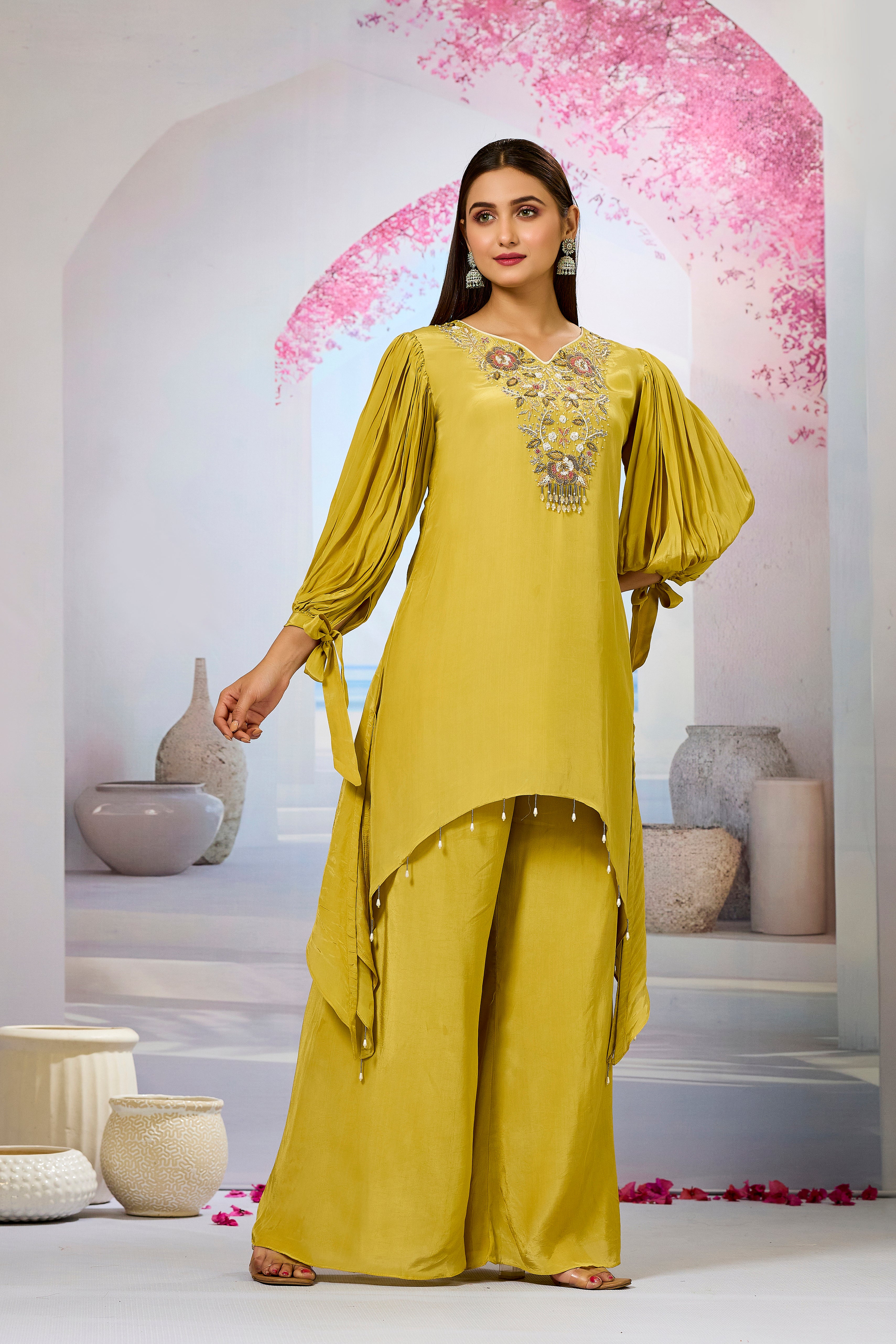 Pear Green Embellished Crepe Silk Palazzo Set