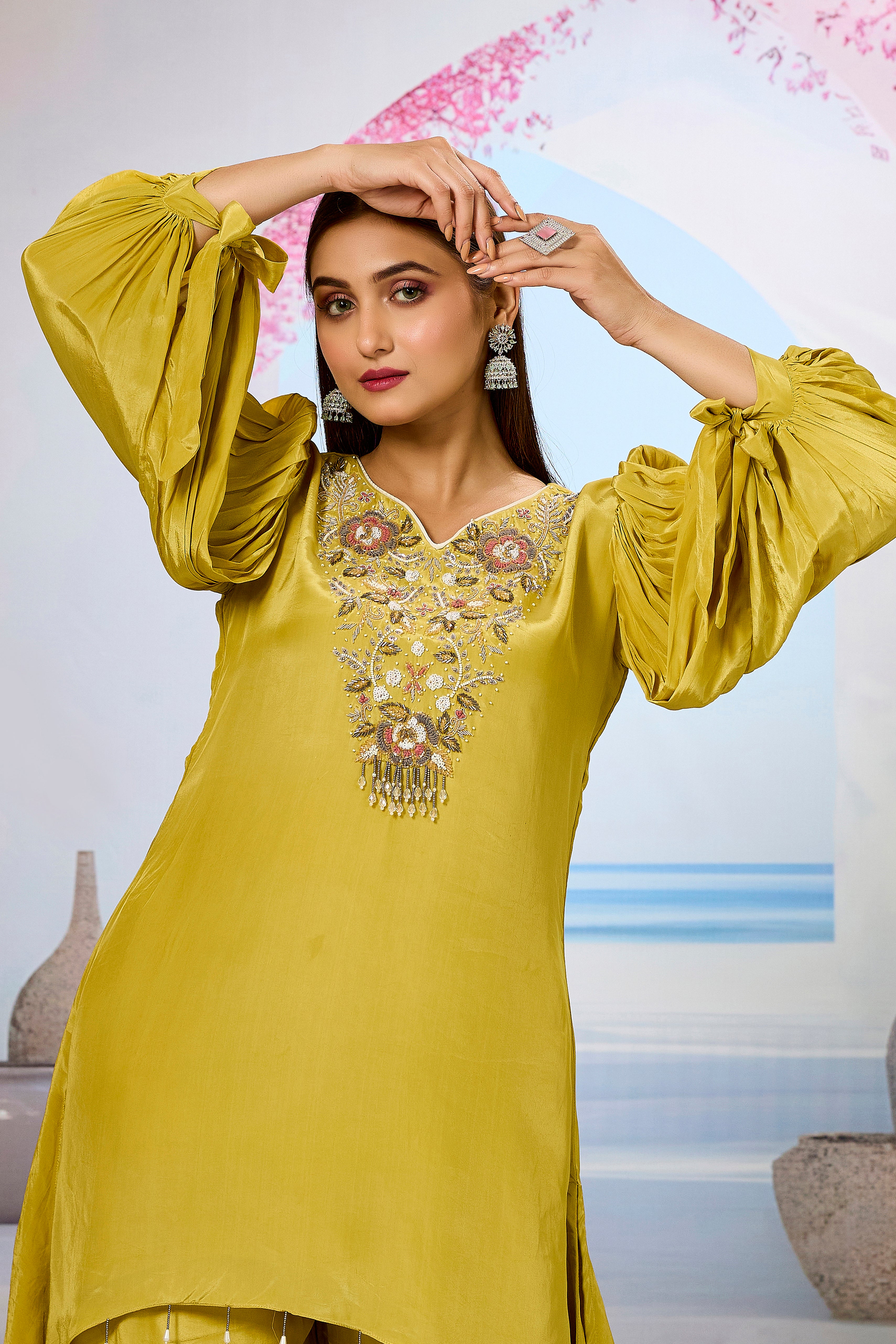 Pear Green Embellished Crepe Silk Palazzo Set