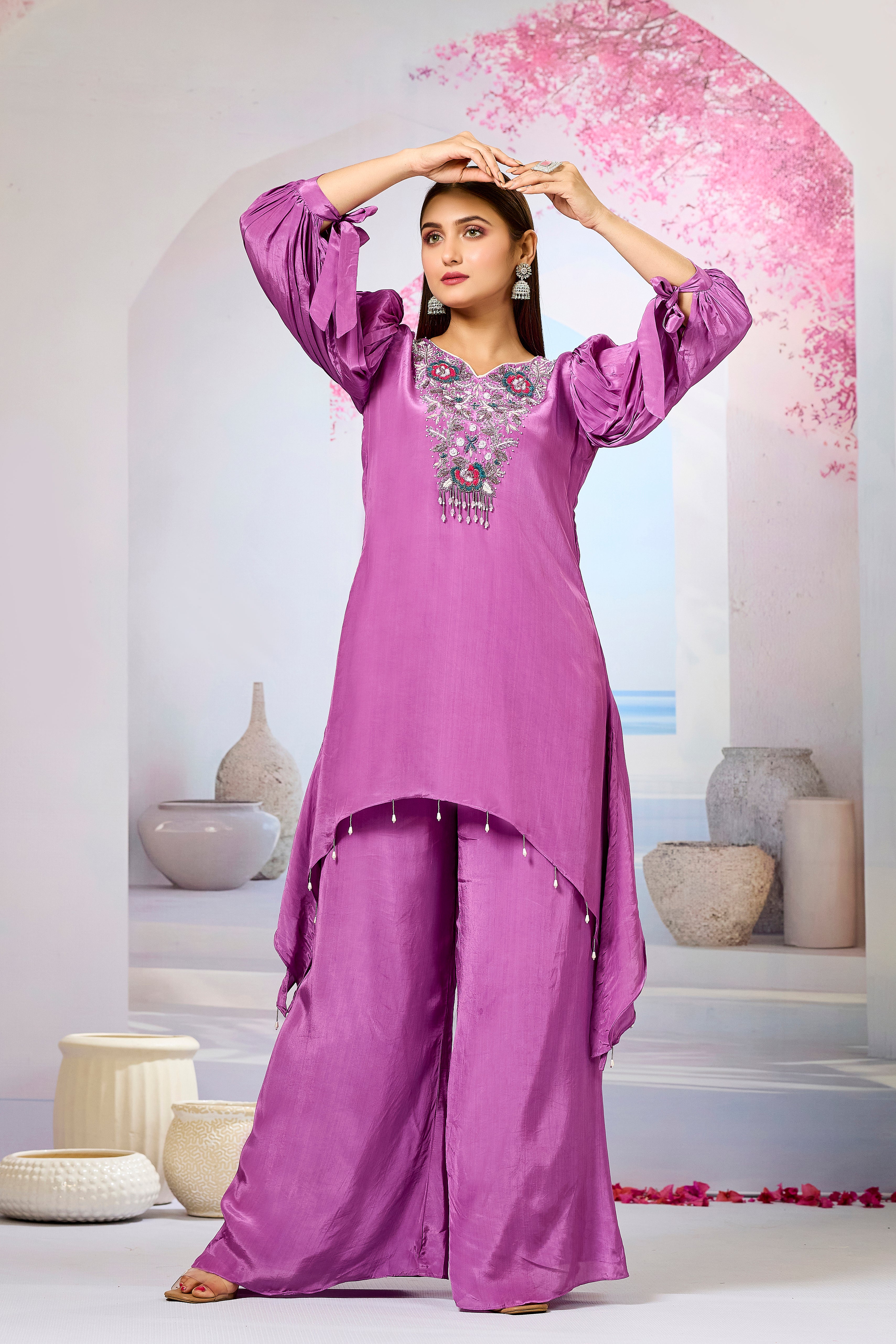 Pink Embellished Crepe Silk Palazzo Set